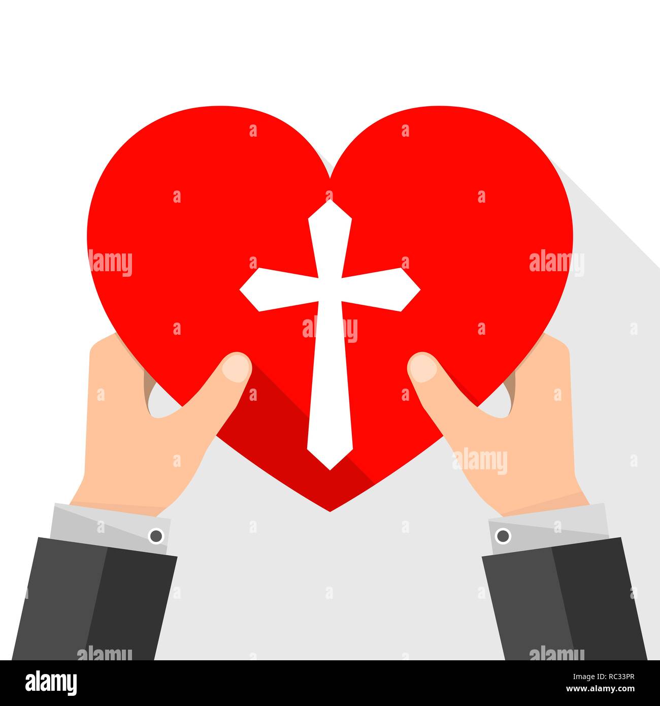 Rotes Herz mit dem christlichen Kreuz in die Hände. Vector Illustration. Ein Geschäftsmann hat ein Herz als Symbol der christlichen Liebe. Stock Vektor