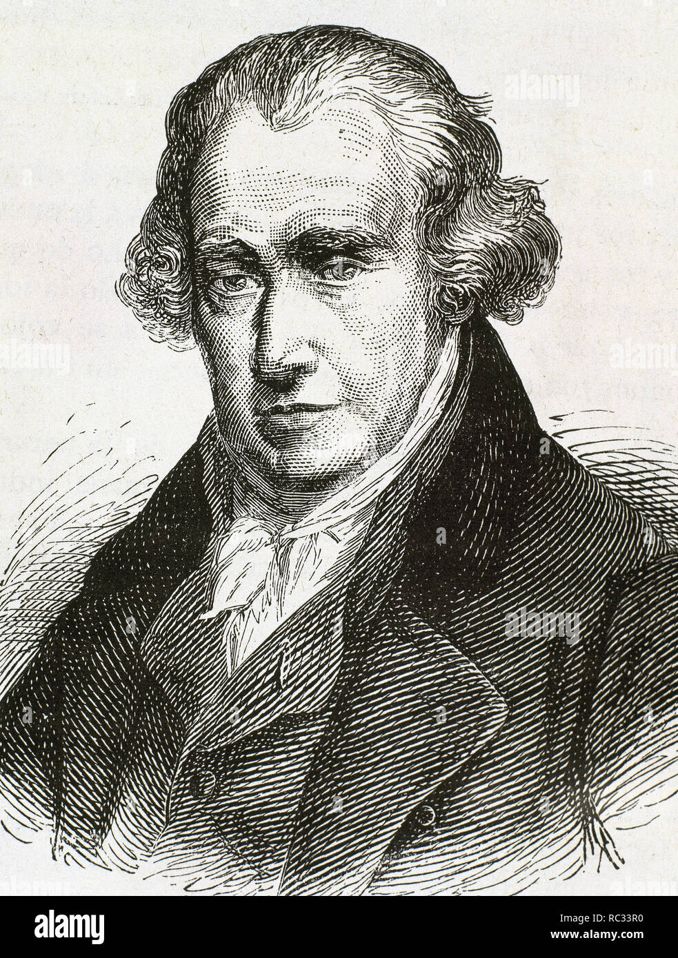 JAMES WATT (1736/1819) schottischer Erfinder, Maschinenbauingenieur und Chemiker, der auf Thomas Newcomen's 1712 Newcomen Dampfmaschine mit seinem Watt Dampfmaschine im Jahre 1781 verbessert. 18. Gravur. Stockfoto