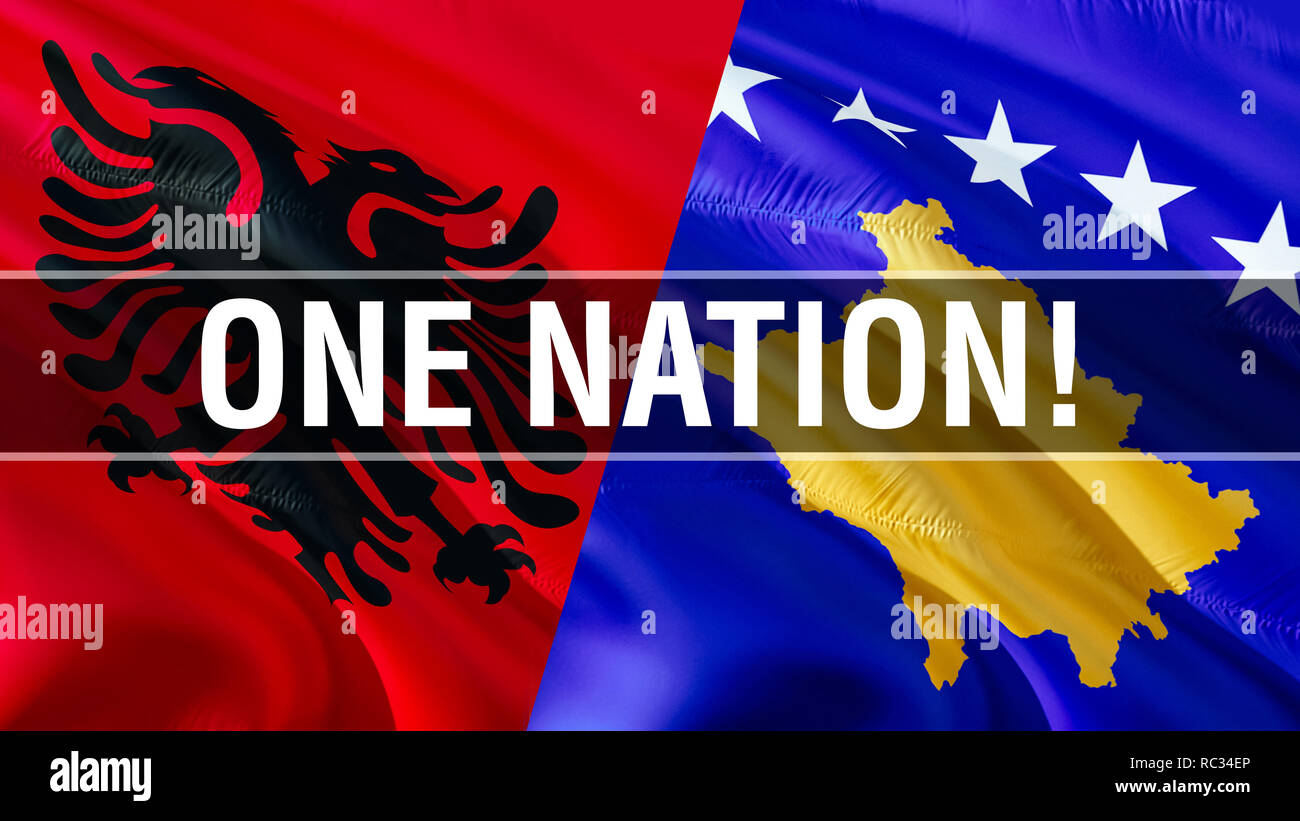 Eine Nation auf Albanien und Kosovo Fahnen. Wehende Flagge Design, 3DRendering. Albanien Kosovo