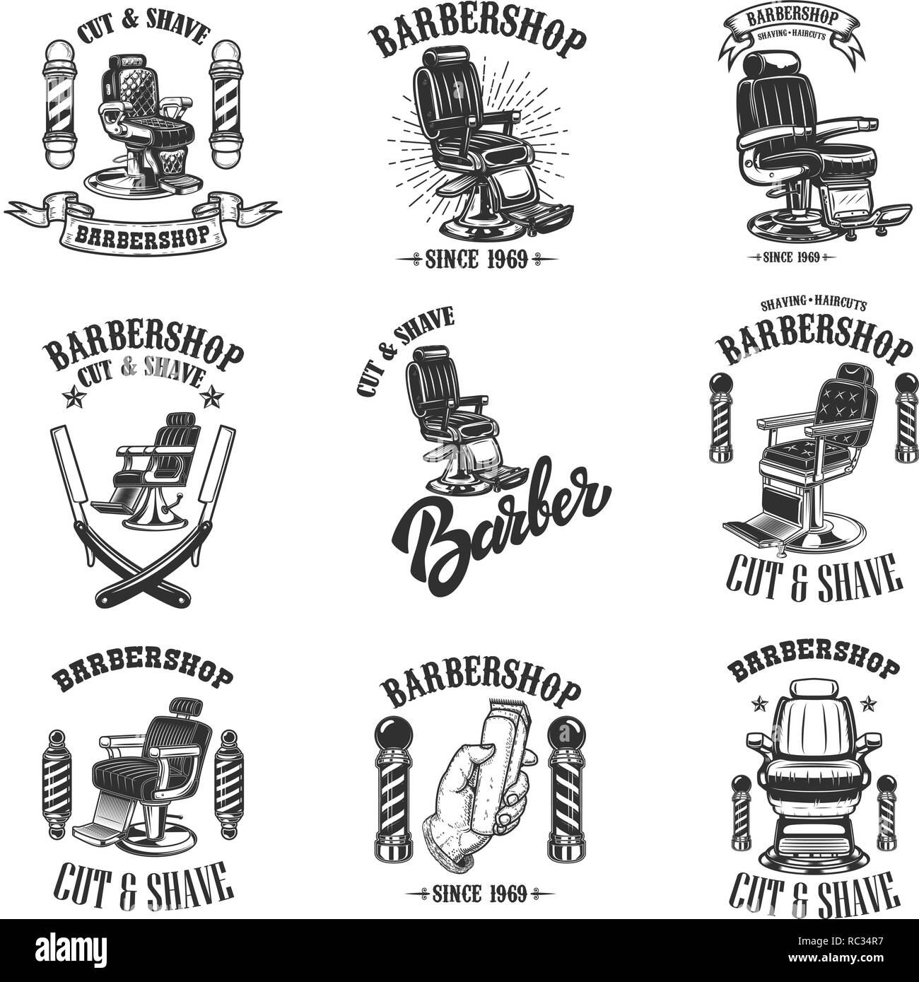 Satz Von Vintage Barber Shop Embleme Mit Friseur Stuhl Abzeichen Und Designelementen Fur Logo Etiketten Unterzeichnen Vector Illustration Stock Vektorgrafik Alamy