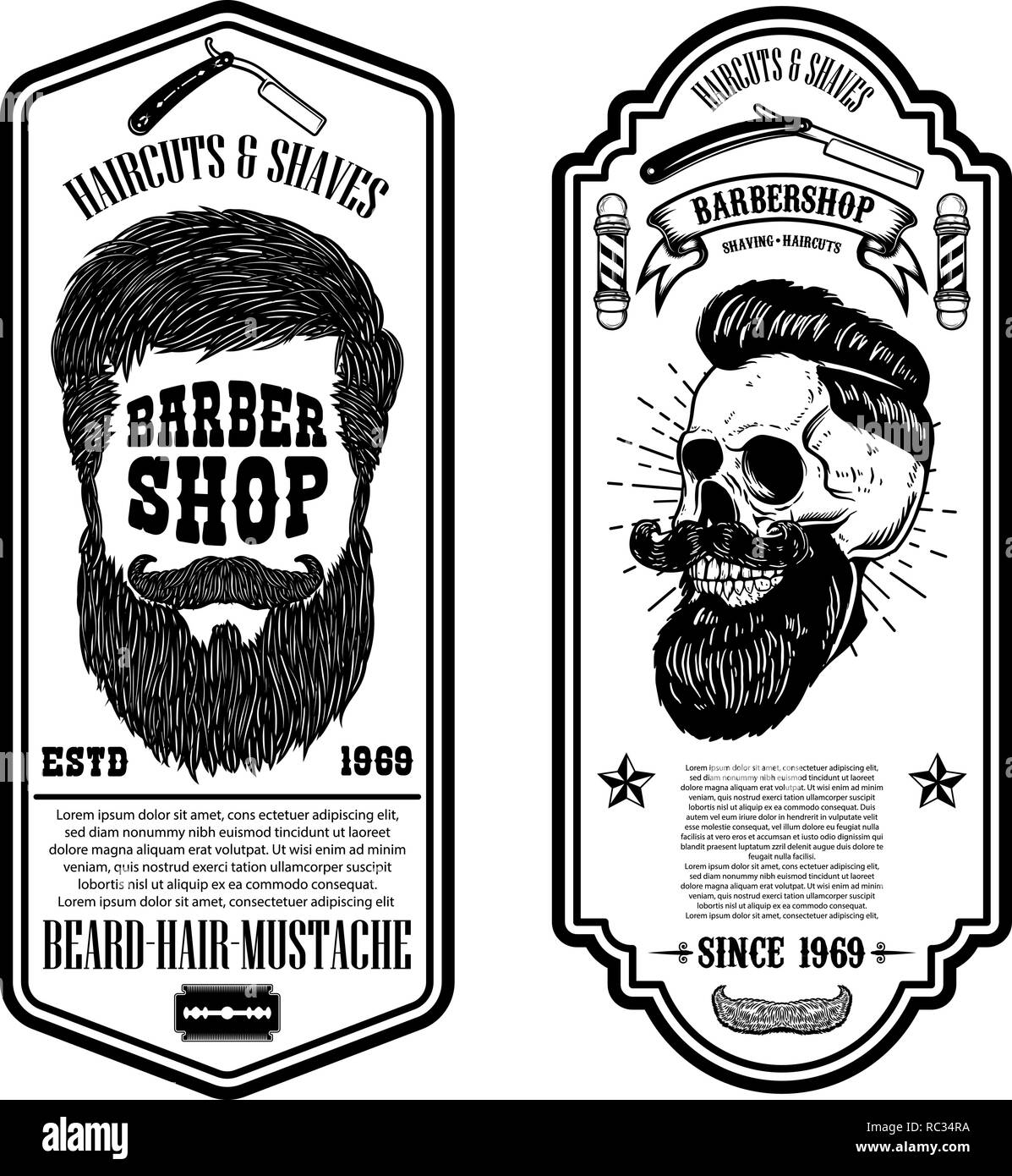 Friseur flyer Vorlage. Friseur der Schädel und Tools auf grunge Hintergrund. Design Element für Wappen, Zeichen, Poster, Plakat, Karte, Banner. Vector Illustration Stock Vektor