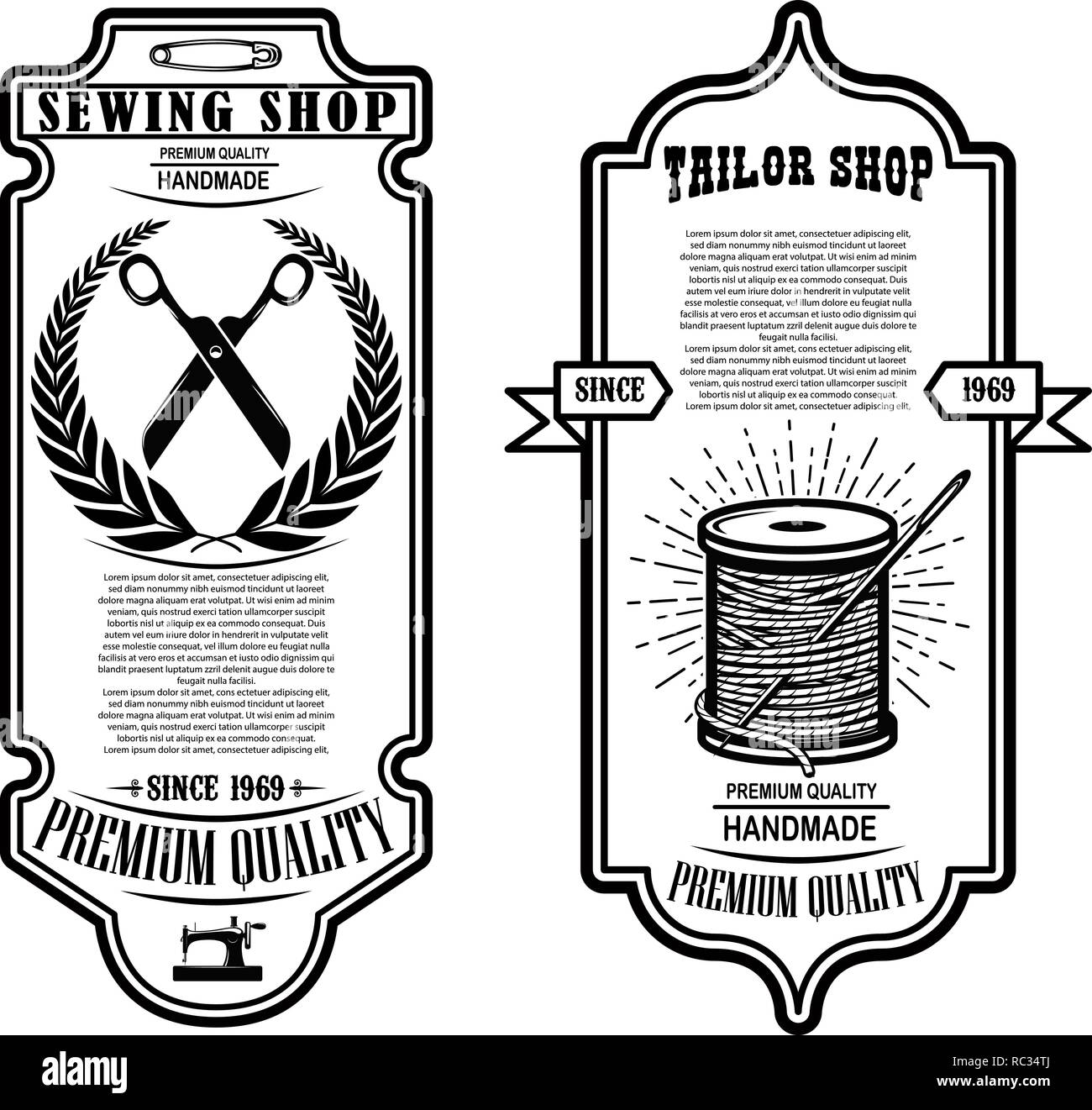 Naherei Flyer Vorlage Nahen Tools Anpassen Design Element Fur Wappen Zeichen Poster Plakat Karte Banner Vector Illustration Stock Vektorgrafik Alamy