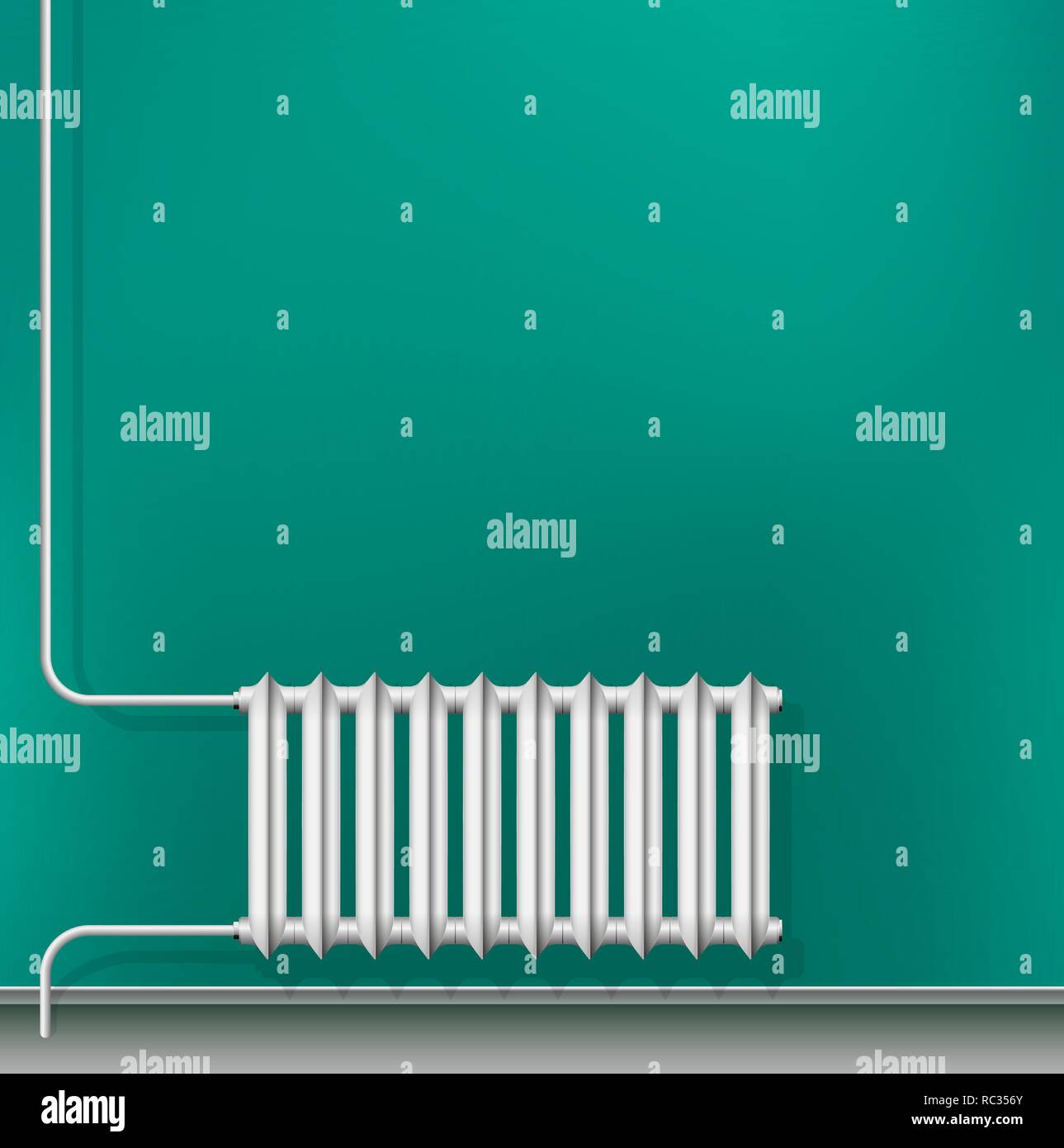 Gusseiserne Heizkörper von Zentralheizungen in der Wohnung. Weiß Kühler auf dem Hintergrund der Azure Wand. Realistisch aussehen. Kopieren Sie Platz. Stock Vektor