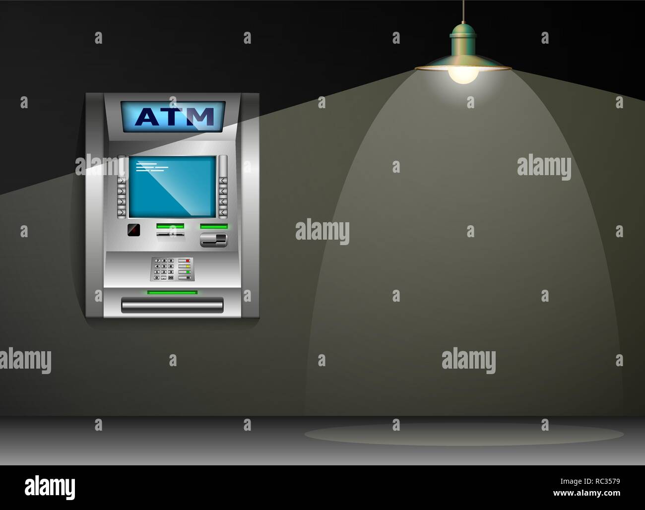 ATM-Geldautomaten. Graue Wand. Metall Laterne. Hohe Detailtreue. 3D Stock Vektor