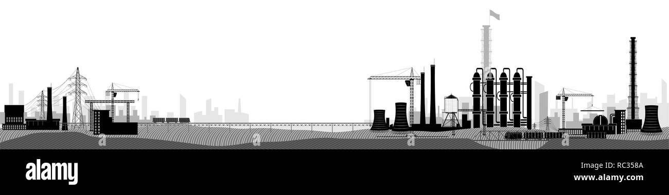 Industrielle oder Fabrik Landschaft. Horizontale weite Aussicht. Schwarz/Weiß-Bild Stock Vektor