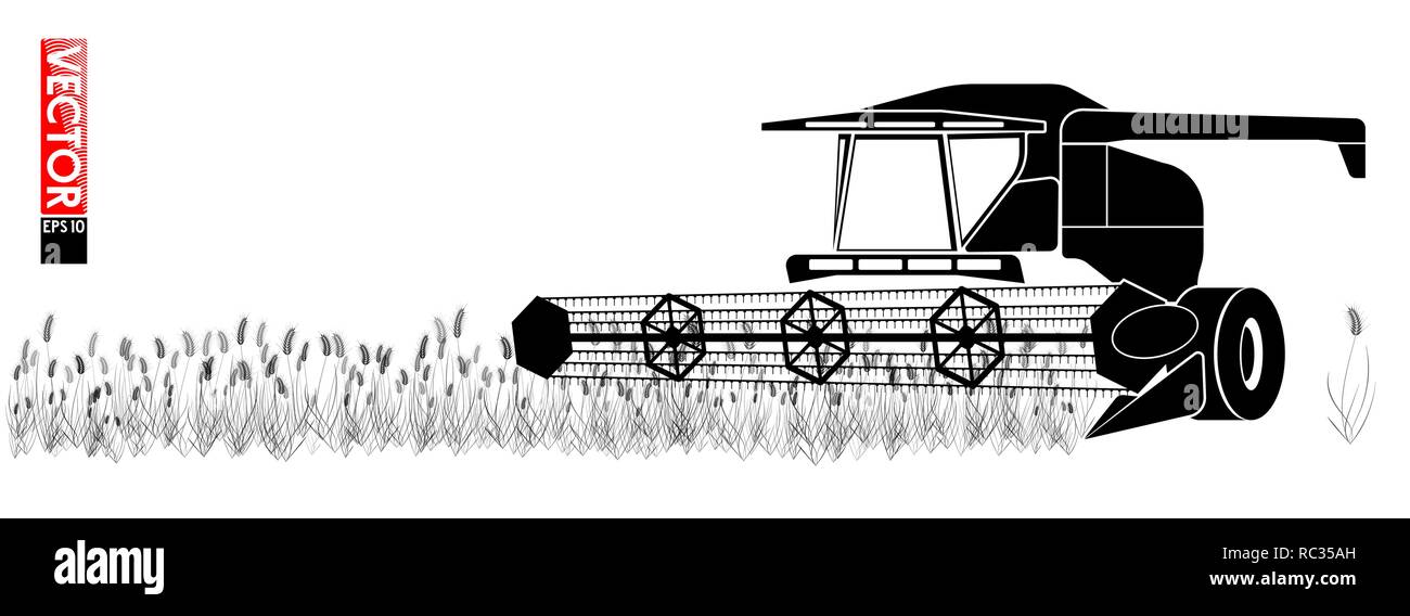 Feldhäcksler Sammeln von Getreide auf dem Feld. Ein einfacher schwarzer Outline. Für einen Artikel über die Landwirtschaft. Kopieren Sie Platz. Stock Vektor