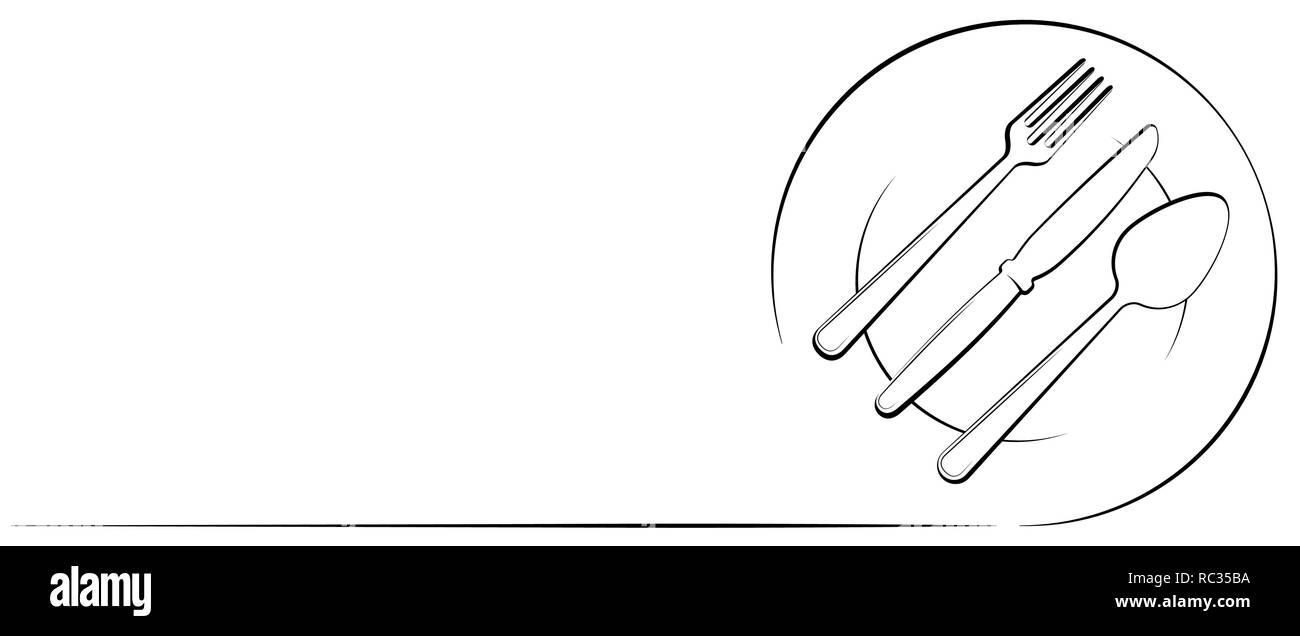 Abstrakte Logo von einem Café oder Restaurant. Ein Löffel, Messer und Gabel auf einem Teller. Eine einfache Linie. Schwarzer Umriss Stock Vektor