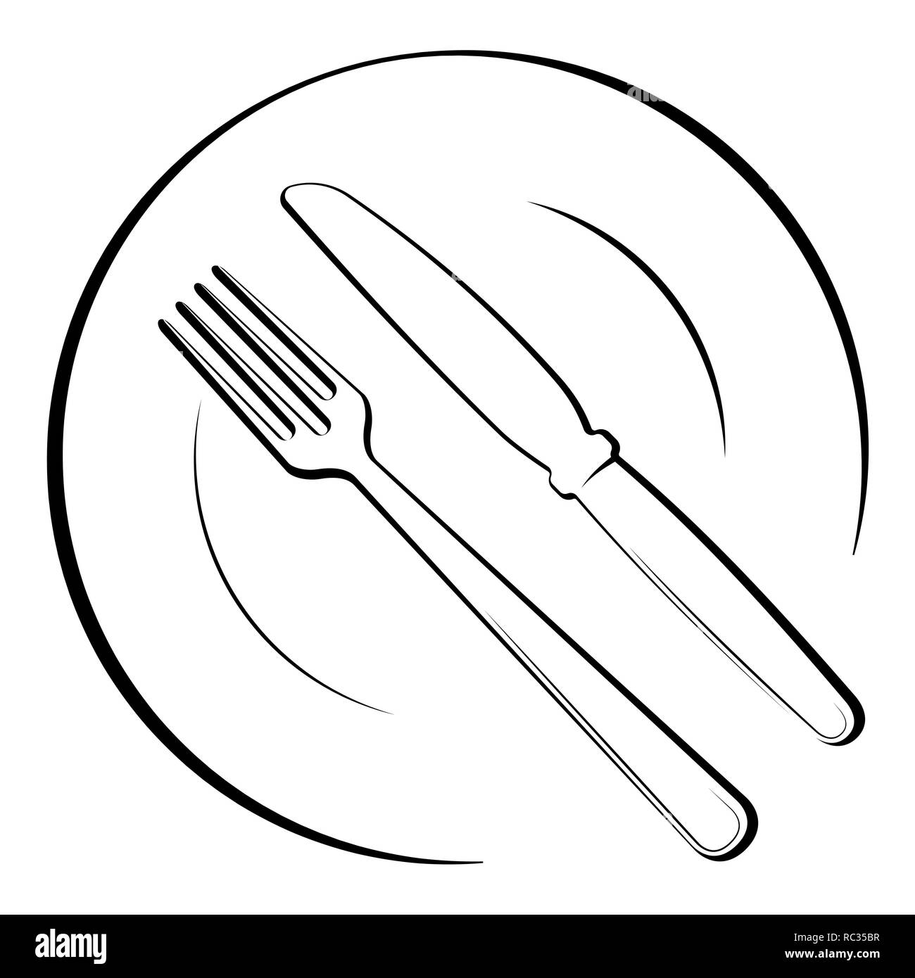 Abstrakte Logo von einem Café oder Restaurant. Ein Löffel und Gabel auf einem Teller. Eine einfache schwarze Linie. Stock Vektor