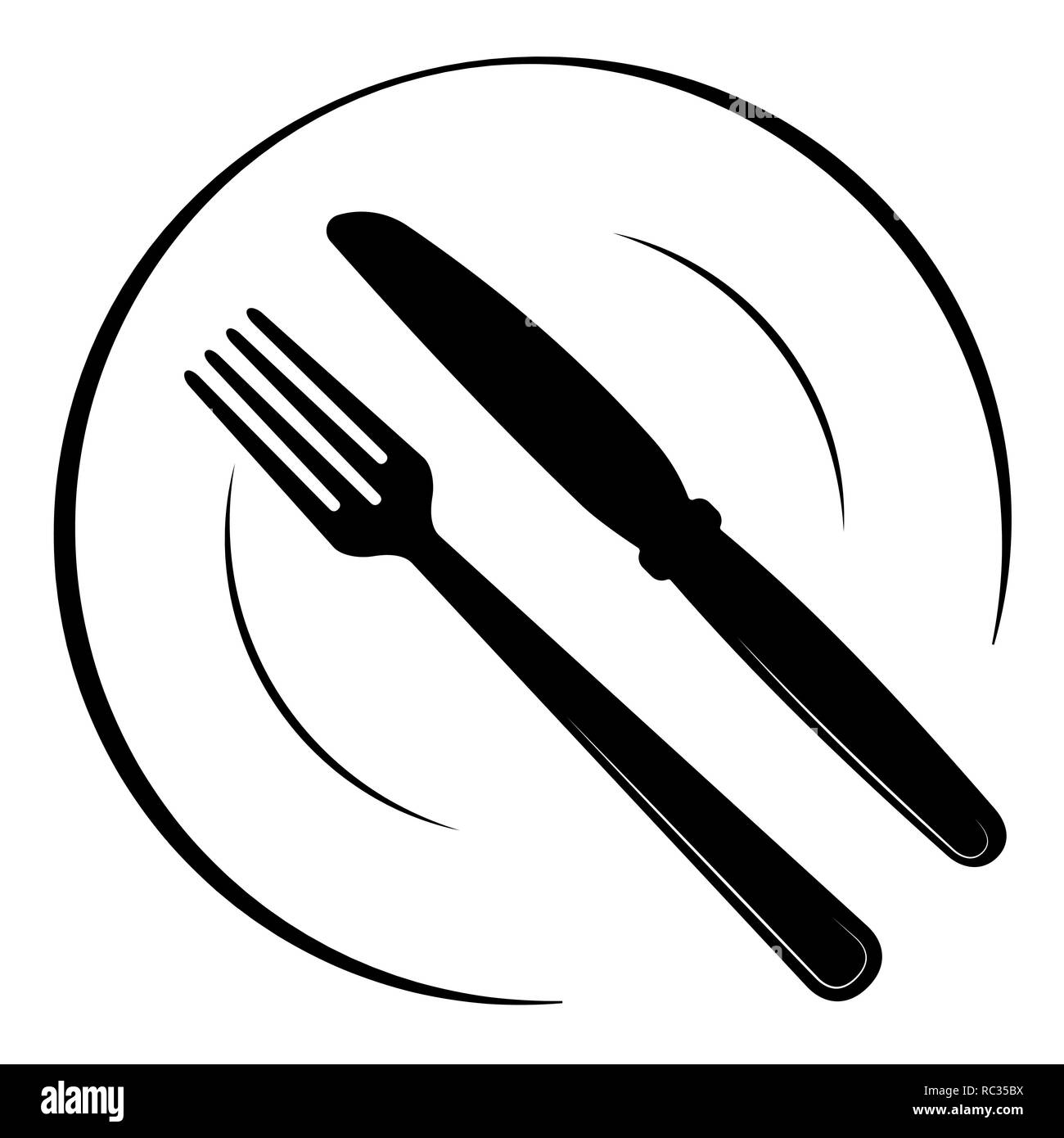 Abstrakte Logo von einem Café oder Restaurant. Ein Löffel und Gabel auf einem Teller. Eine einfache schwarze Linie. Stock Vektor