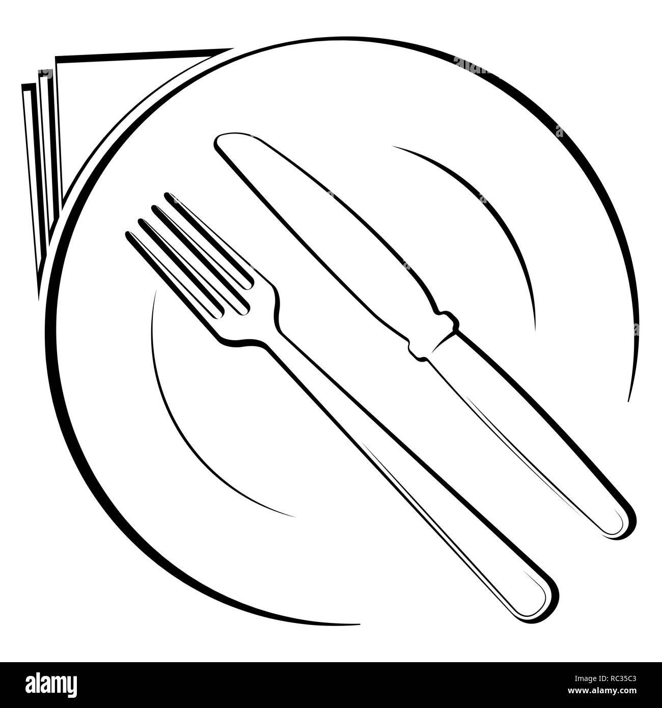 Abstrakte Logo von einem Café oder Restaurant. Ein Löffel und Gabel auf einem Teller. Eine einfache schwarze Linie. Stock Vektor