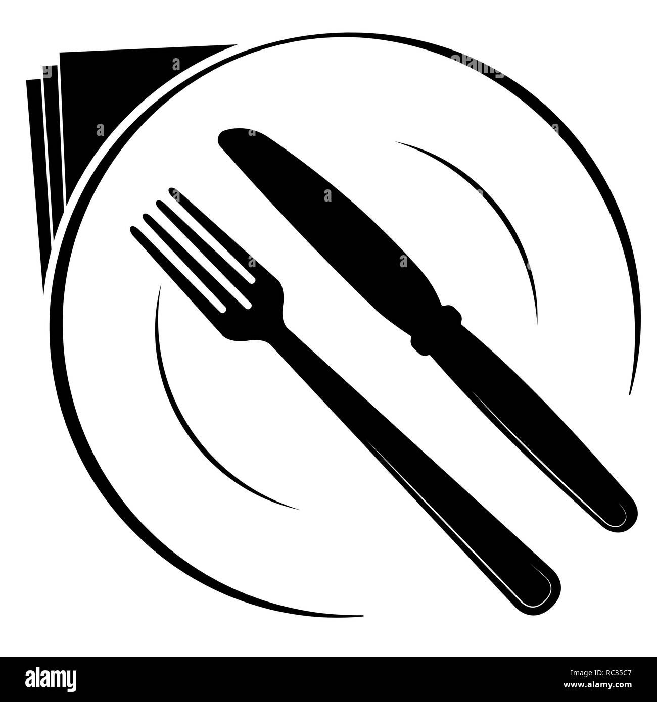 Abstrakte Logo von einem Café oder Restaurant. Ein Löffel und Gabel auf einem Teller. Eine einfache schwarze Linie. Stock Vektor