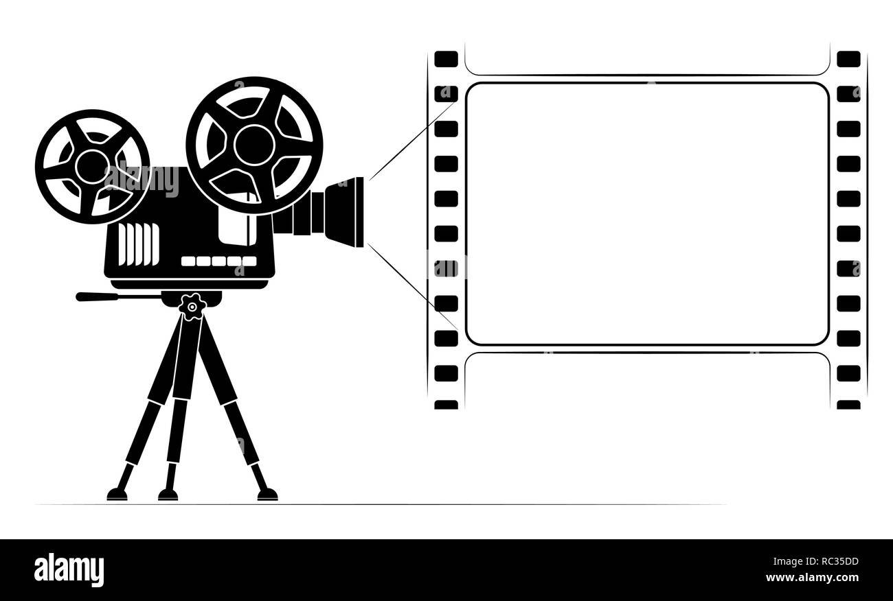 Einen alten Film Projektor auf einem Stativ. Rahmen in Form eines Films Rahmen mit Perforation. Schwarzer outline. Stock Vektor