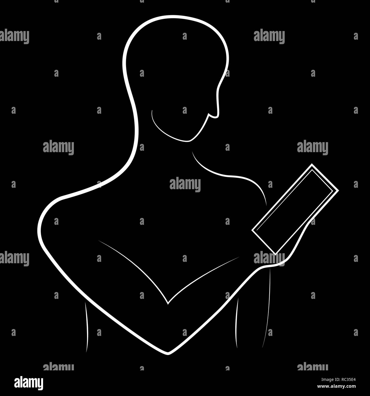 Die Umrisse eines Mannes mit einem Smartphone in der Hand. Soziales Netzwerk und die Abhängigkeit von ihr. Ein einfaches Logo Stock Vektor