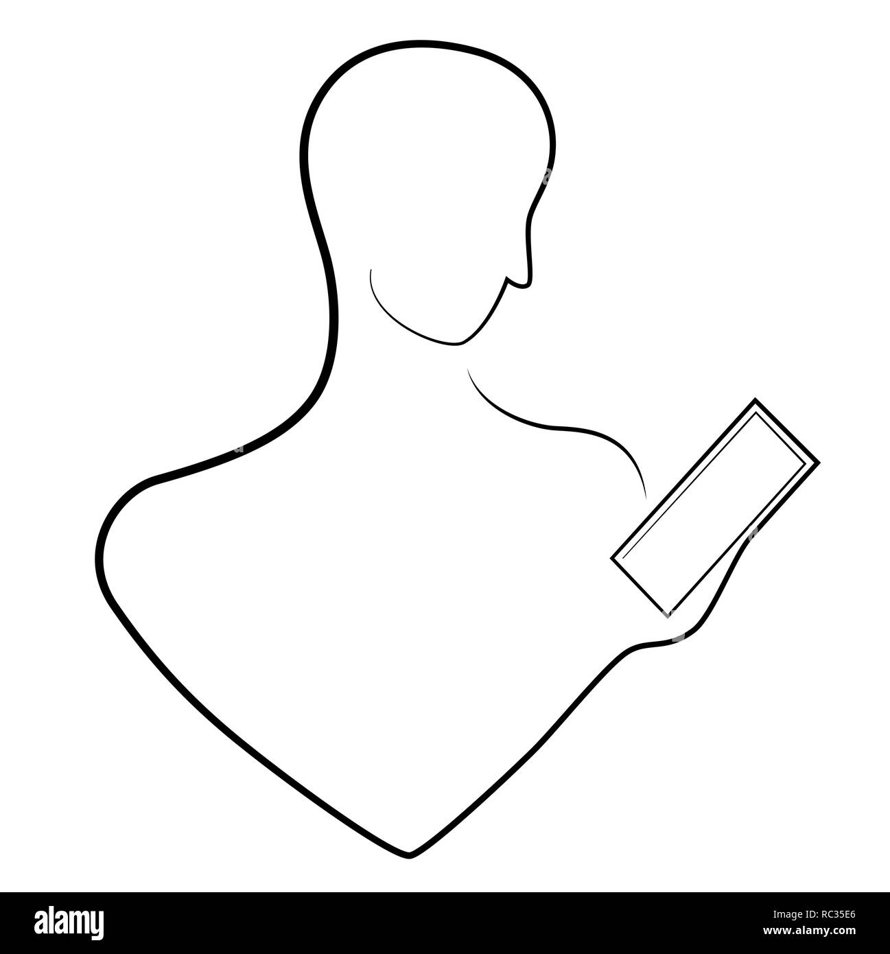 Die Umrisse eines Mannes mit einem Smartphone in der Hand. Soziales Netzwerk und die Abhängigkeit von ihr. Ein einfaches Logo Stock Vektor