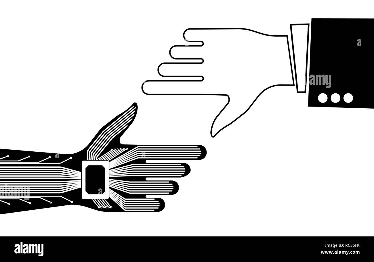 Die Hand der Person und die Roboter, die auf etwas. Technischen oder industriellen Hintergrund. Kopieren Sie Platz. Stock Vektor