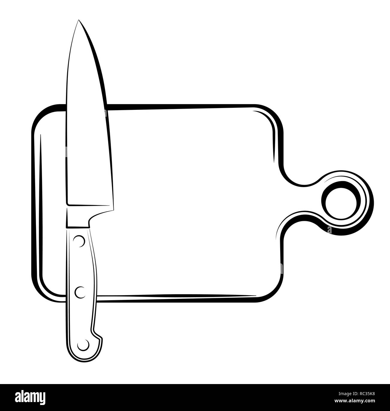Ein scharfes Messer und ein Schneidebrett in der Küche des Restaurant. Schwarz-weiss Logo leer. Der Prozess des Kochens. Stock Vektor