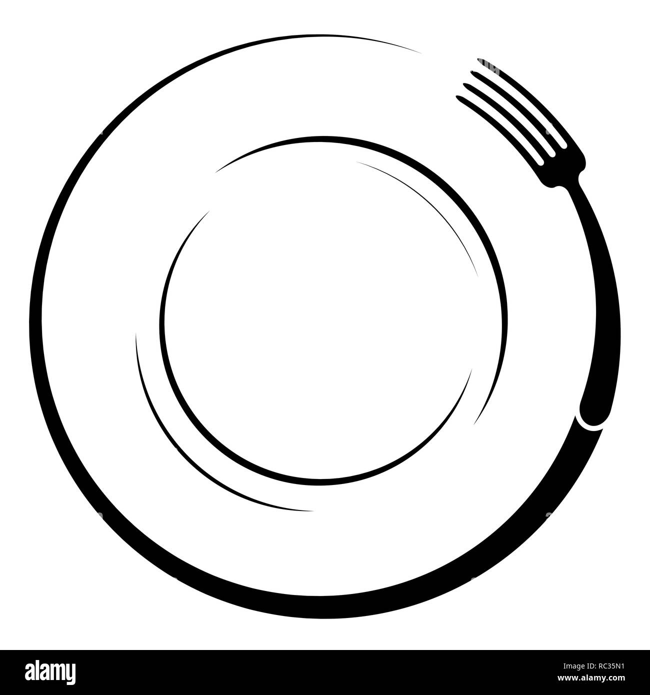 Abstrakte Logo von einem Café oder Restaurant. Eine Gabel auf einem Teller. Eine einfache Gliederung. Stock Vektor