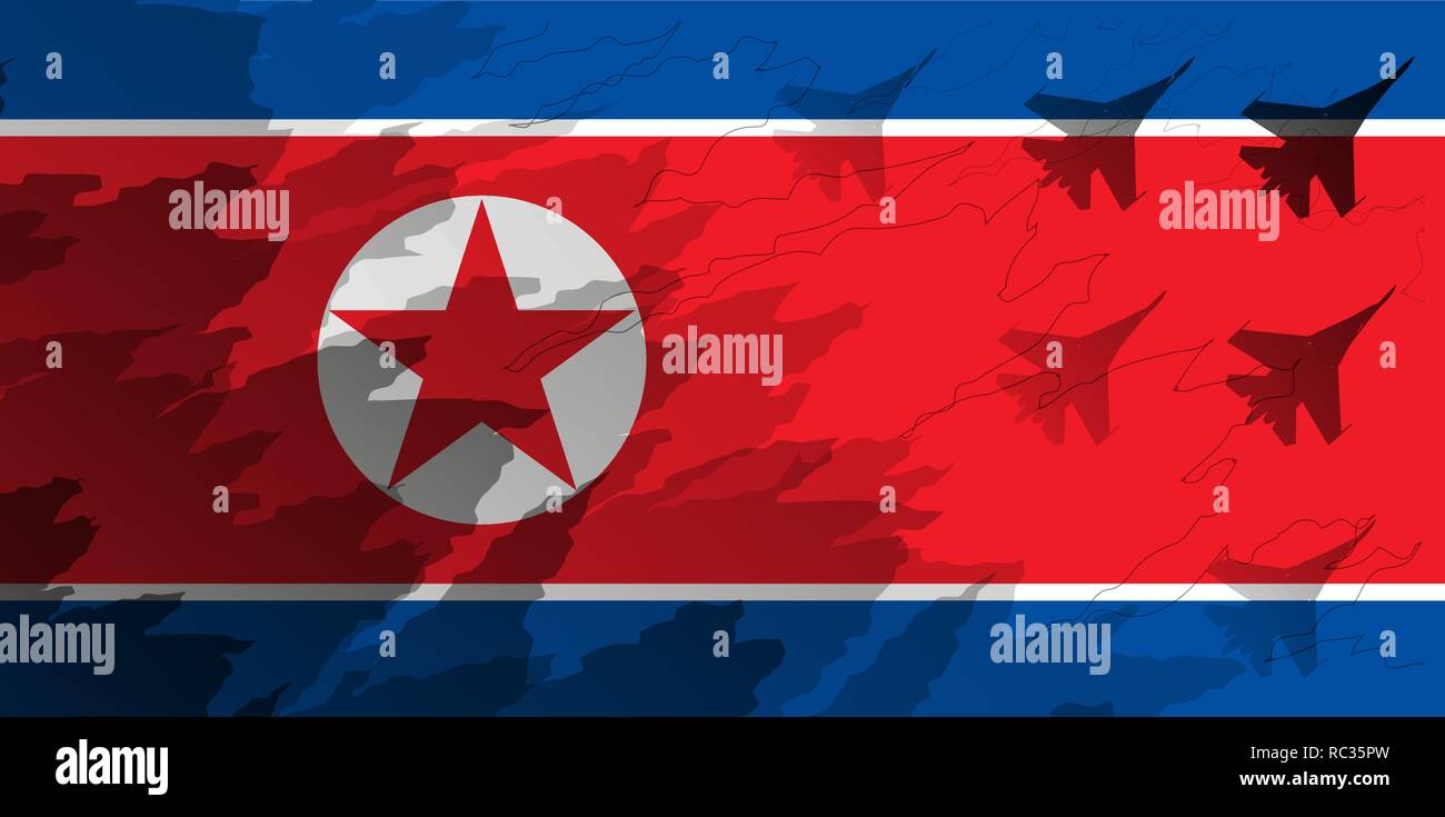 Silhouetten von Fighter Einheit vor dem Hintergrund der Fahne von Nordkorea. Militärischen Hintergrund. Konflikte in Asien. Stock Vektor