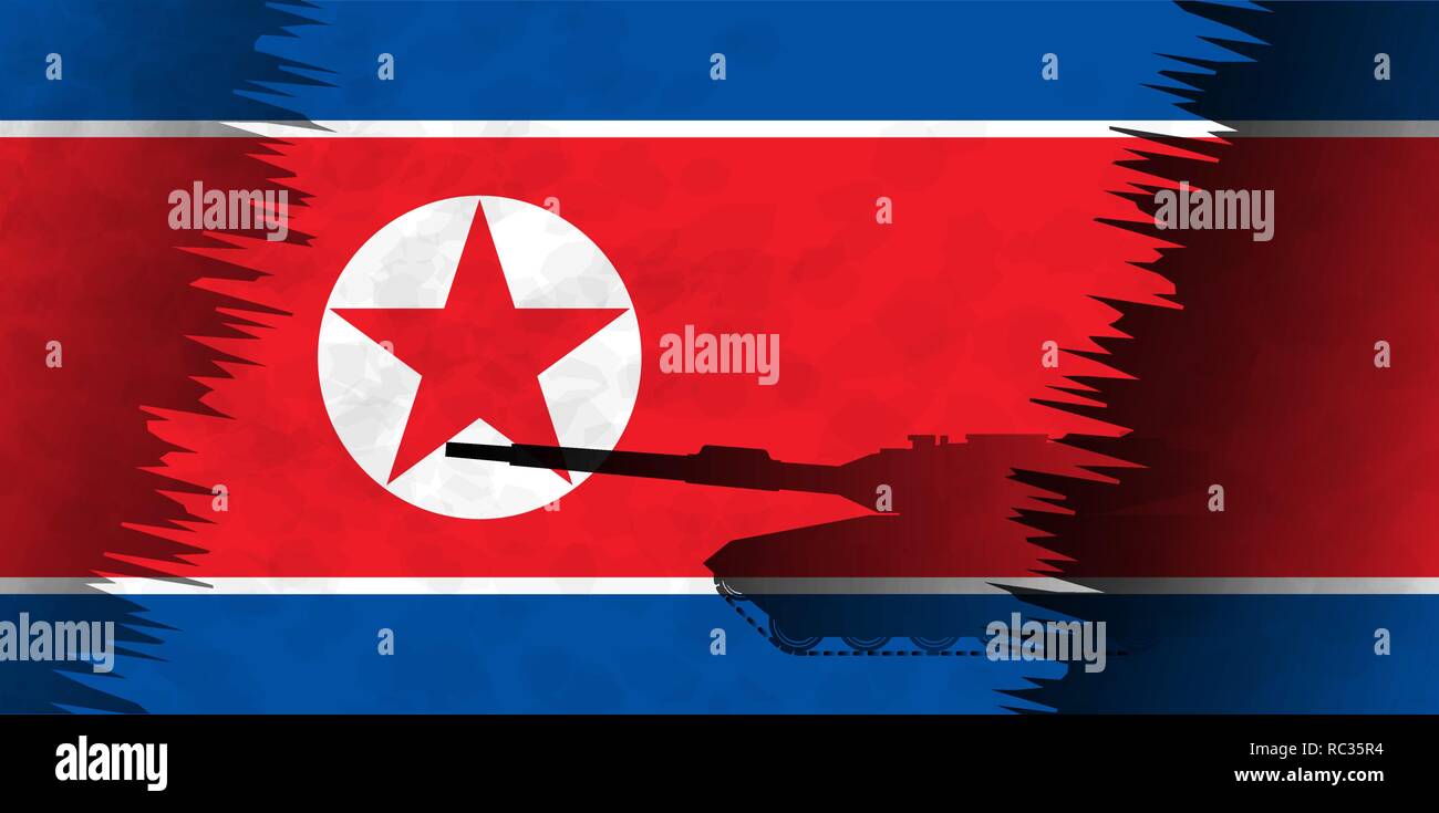 Silhouetten von Tanks vor dem Hintergrund der Fahne von Nordkorea. Militärischen Hintergrund. Konflikte in Asien. Stock Vektor