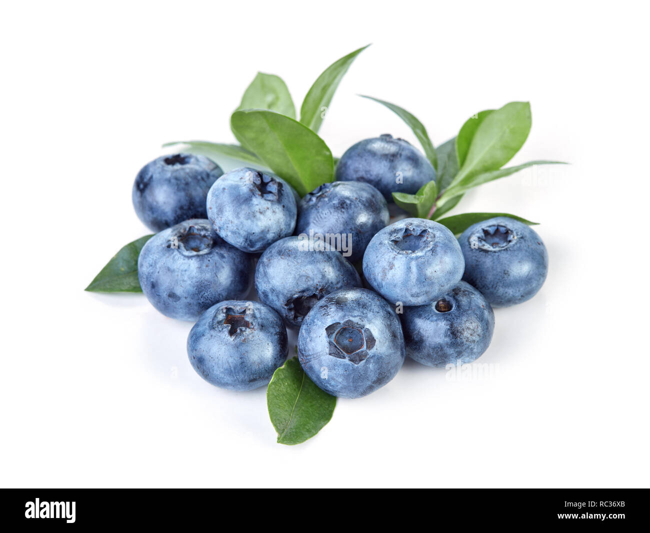 Haufen frischen Reifen organic Blueberry mit Blättern auf weißem Hintergrund Stockfoto