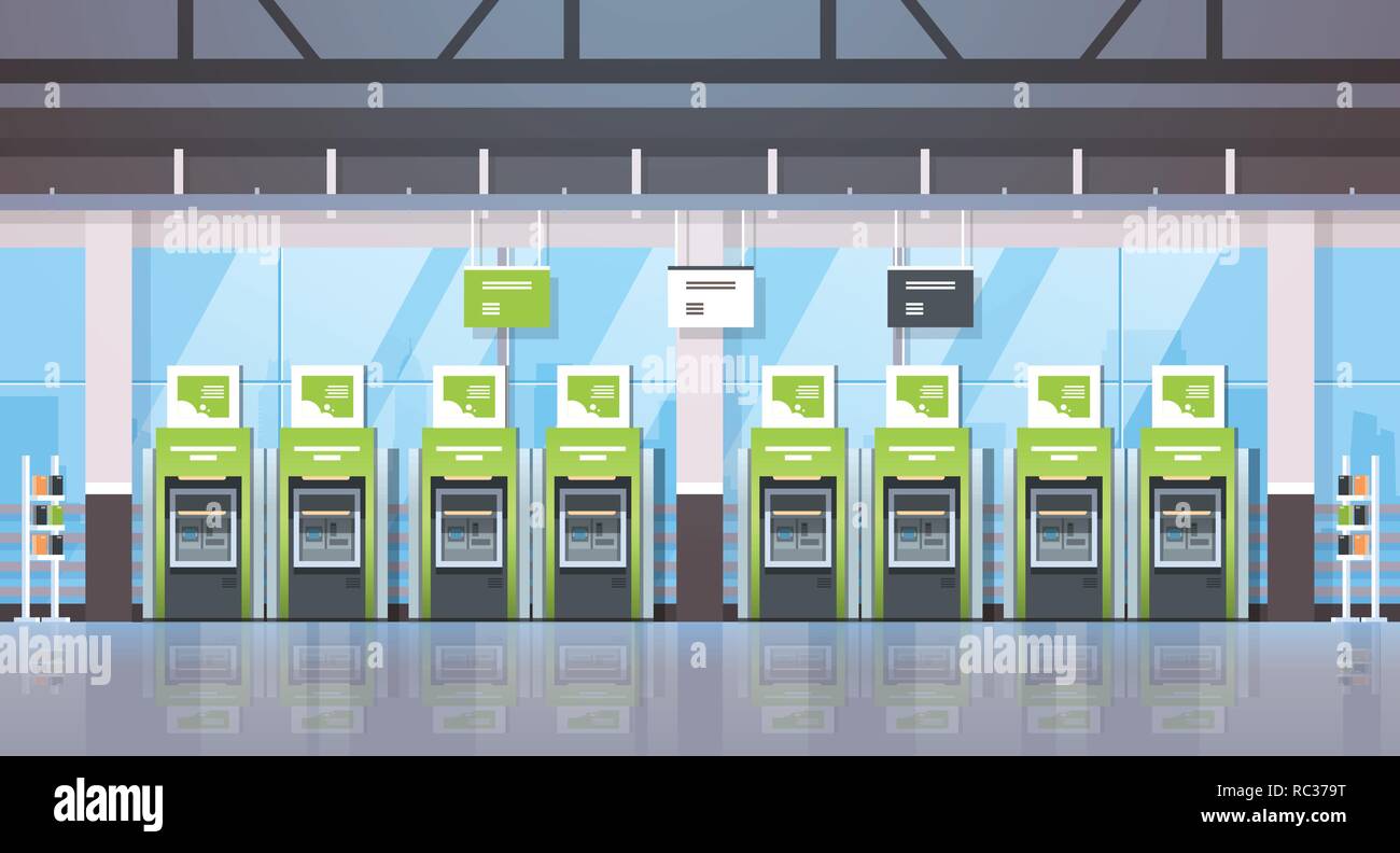 Zeile ATM Geld Geldautomaten Zahlungsterminals Zentrum finanzielle Betriebskonzept banking Ausrüstung moderne Bank Büro Interieur horizontal Stock Vektor