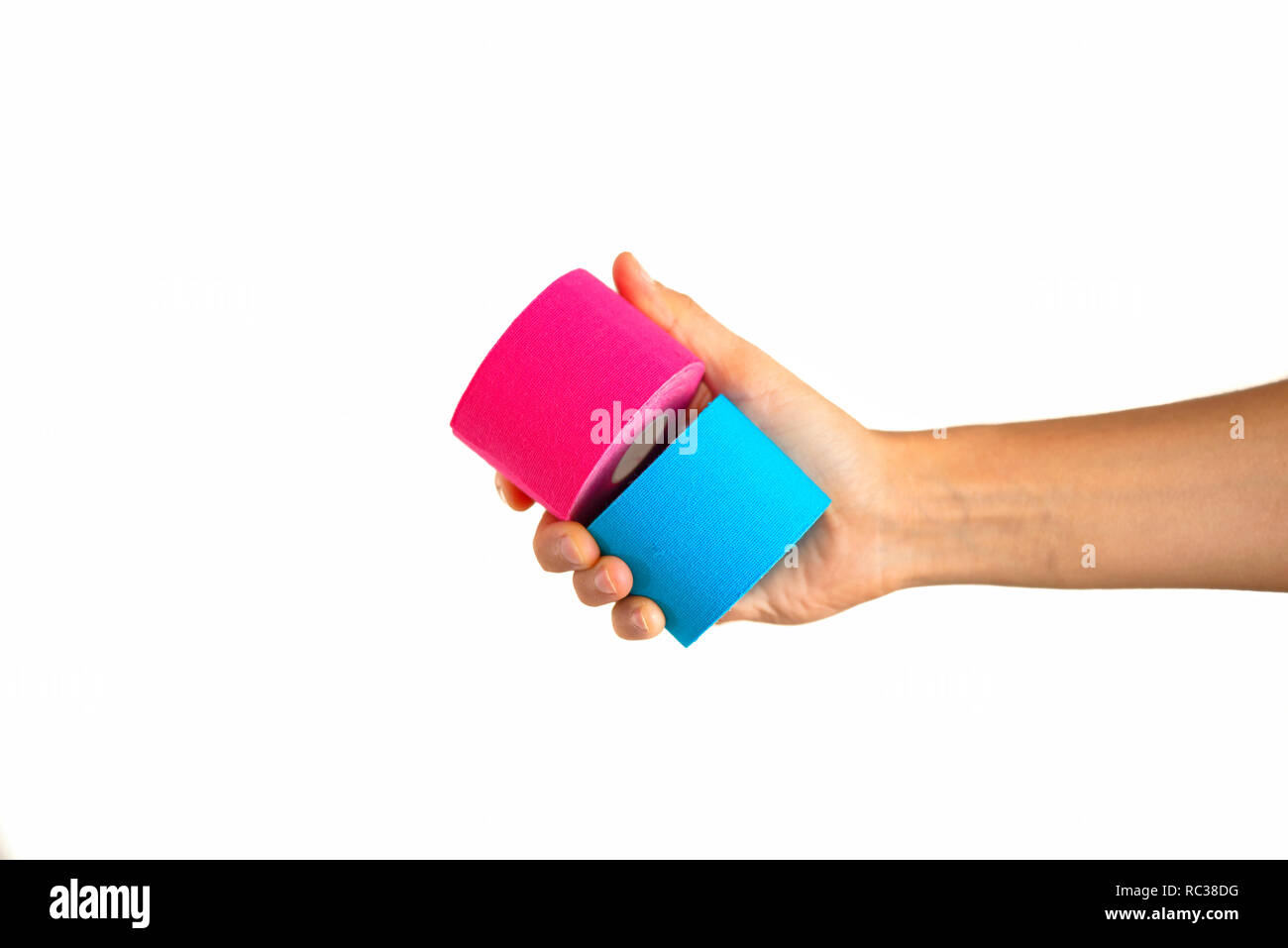 Frau Hand kinesiotape auf weißem Hintergrund Stockfoto
