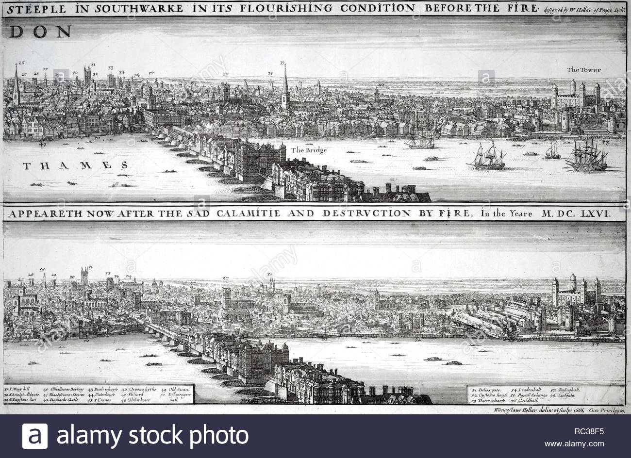 London, vor und nach dem großen Brand von 1666, Radierung von Böhmische Kupferstecher Wenzel Hollar von 1666 - siehe Bild RC 38 F 2 für den ersten Teil Stockfoto