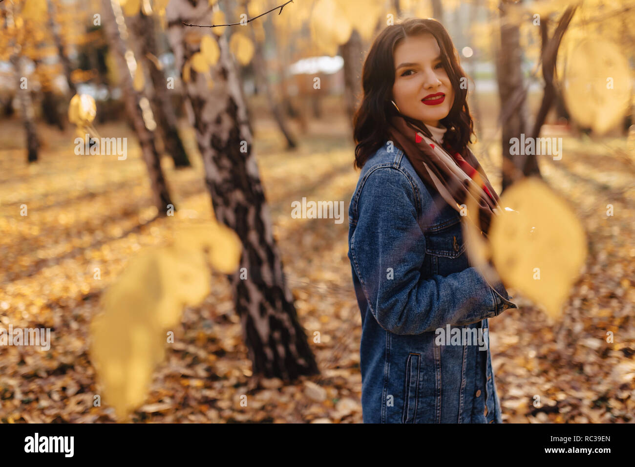 Junge hübsche Mädchen in einem Denim coat Wanderungen im Herbst sonnigen Park Stockfoto