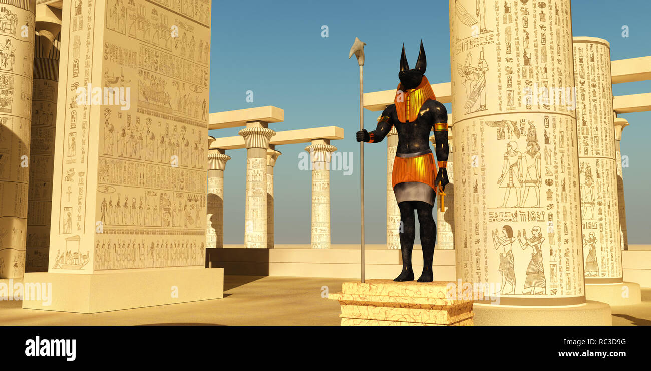 Anubis Statue im Tempel - Anubis in alten ägyptischen Mythologie war der Gott des Jenseits und Wächter der Tore in die Unterwelt. Stockfoto