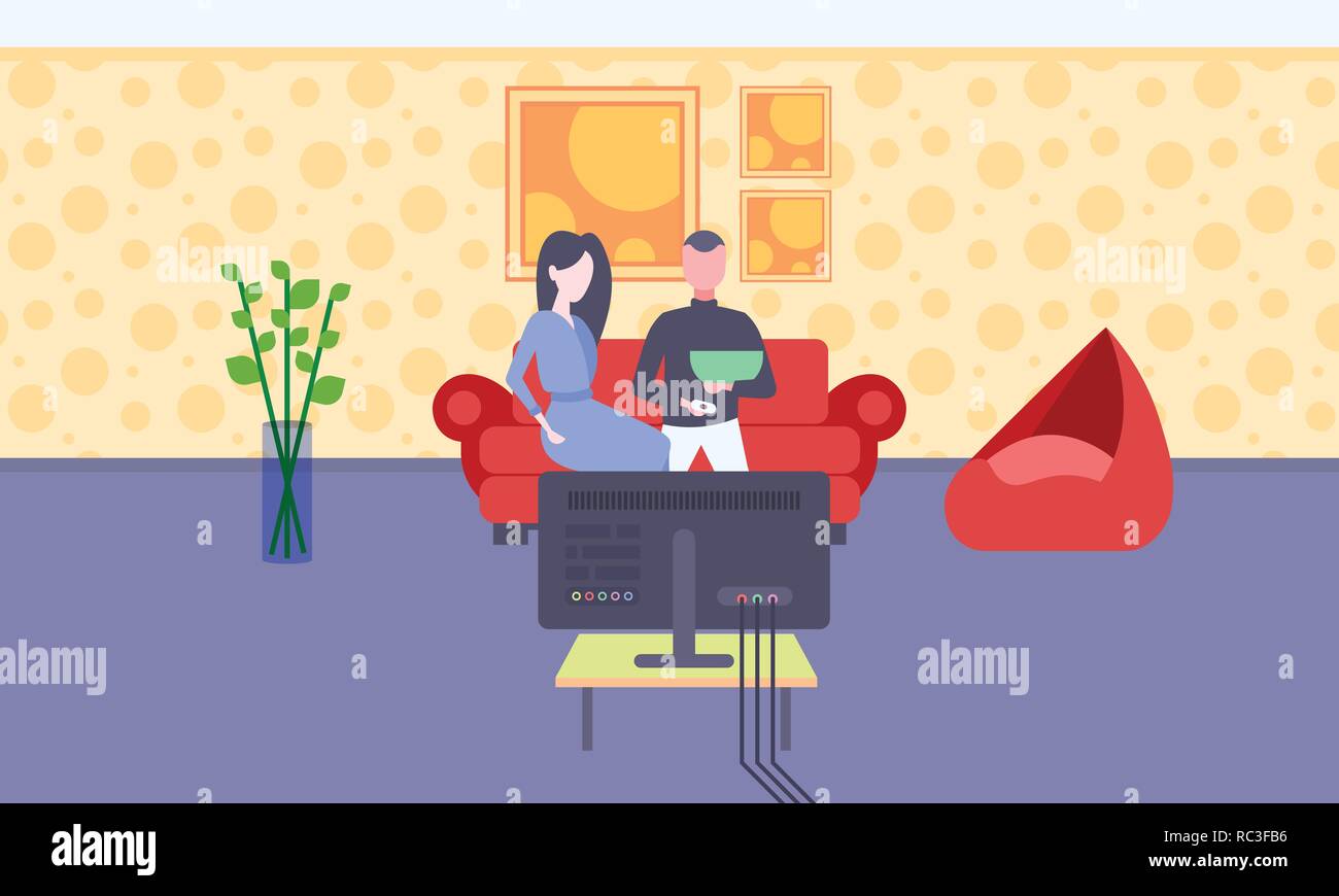 Paar Fernsehen Mann Frau sitzt auf der Couch Liebhaber Spaß Urlaub entspannen Konzept moderne Apartment Innenraum männlich weiblich Zeichentrickfiguren in voller Länge waagrechten Stock Vektor