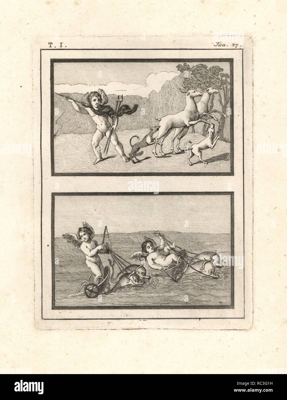 Vignetten von amoretten oder genii spielen bei der Jagd und Racing. Oben, eine dynamische Darstellung der Genius der Jagd mit Speeren, Hunde und Hirsche. Unten, zwei genien Rennen Wagen von Delfinen im Meer gezogen scheint - Schlafen wie die berühmten fährmann des Aeneas. Kupferstich von Tommaso Piroli aus seiner eigenen'Antichita di Ercolano" (altertümer von Herculaneum), Rom, 1789 eingraviert. Italienischen Maler und Kupferstecher Piroli (1752-1824) veröffentlicht sechs Bände zwischen 1789 und 1807 dokumentieren die Wandmalereien und Bronzen in Heraculaneum und Pompeji gefunden. Stockfoto