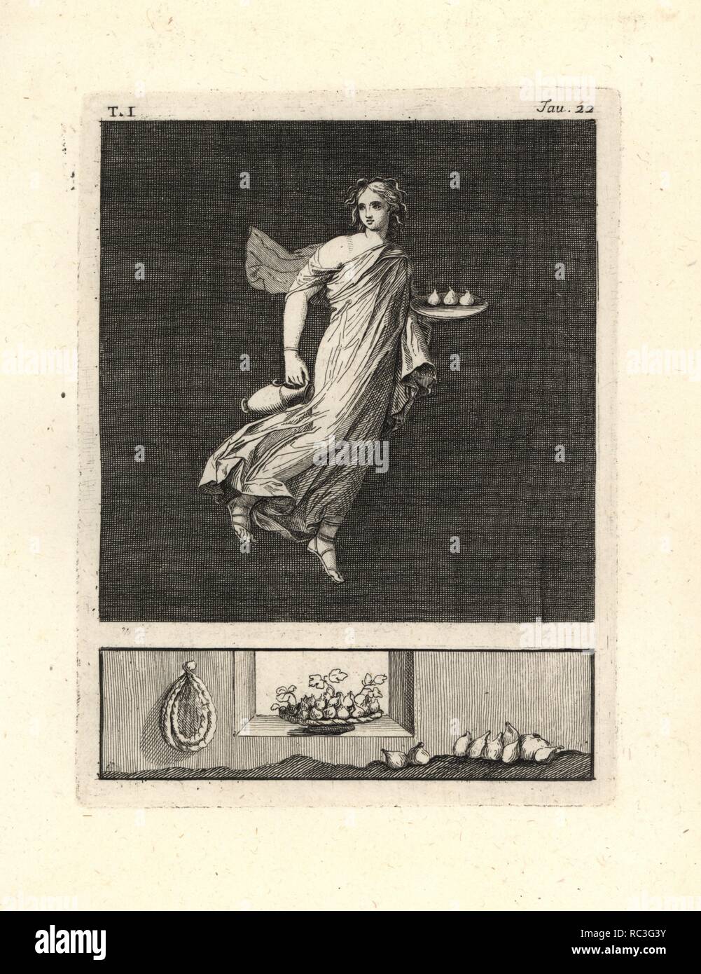 Die Malerei von Wand von einem Raum entfernt, vielleicht ein TRICLINIUM oder im Speisesaal, in einem Haus in Pompeji im Jahre 1749. Es zeigt eine Naiad, ein Anhänger des Bacchus, eine Vase und eine runde Platte mit drei Feigen. Sie trägt Schilf in ihr Haar, Gold Armband und eine feine Robe in Violett, die Farbe der Violarii. Kupferstich von Tommaso Piroli aus seiner eigenen'Antichita di Ercolano" (altertümer von Herculaneum), Rom, 1789 eingraviert. Italienischen Maler und Kupferstecher Piroli (1752-1824) veröffentlicht sechs Bände zwischen 1789 und 1807 dokumentieren die Wandmalereien und Bronzen in Heraculaneum und Pompeji gefunden. Stockfoto