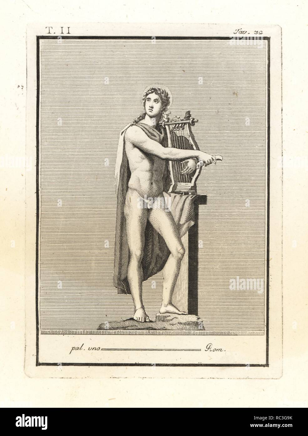 Statue des Apollo in Kupfer. Er ist mit Halo, Kithara (Leier) und plektrum dargestellt. Kupferstich von Tommaso Piroli von seinem antiken Herculaneum (Antichita di Ercolano), Rom, 1789. Stockfoto