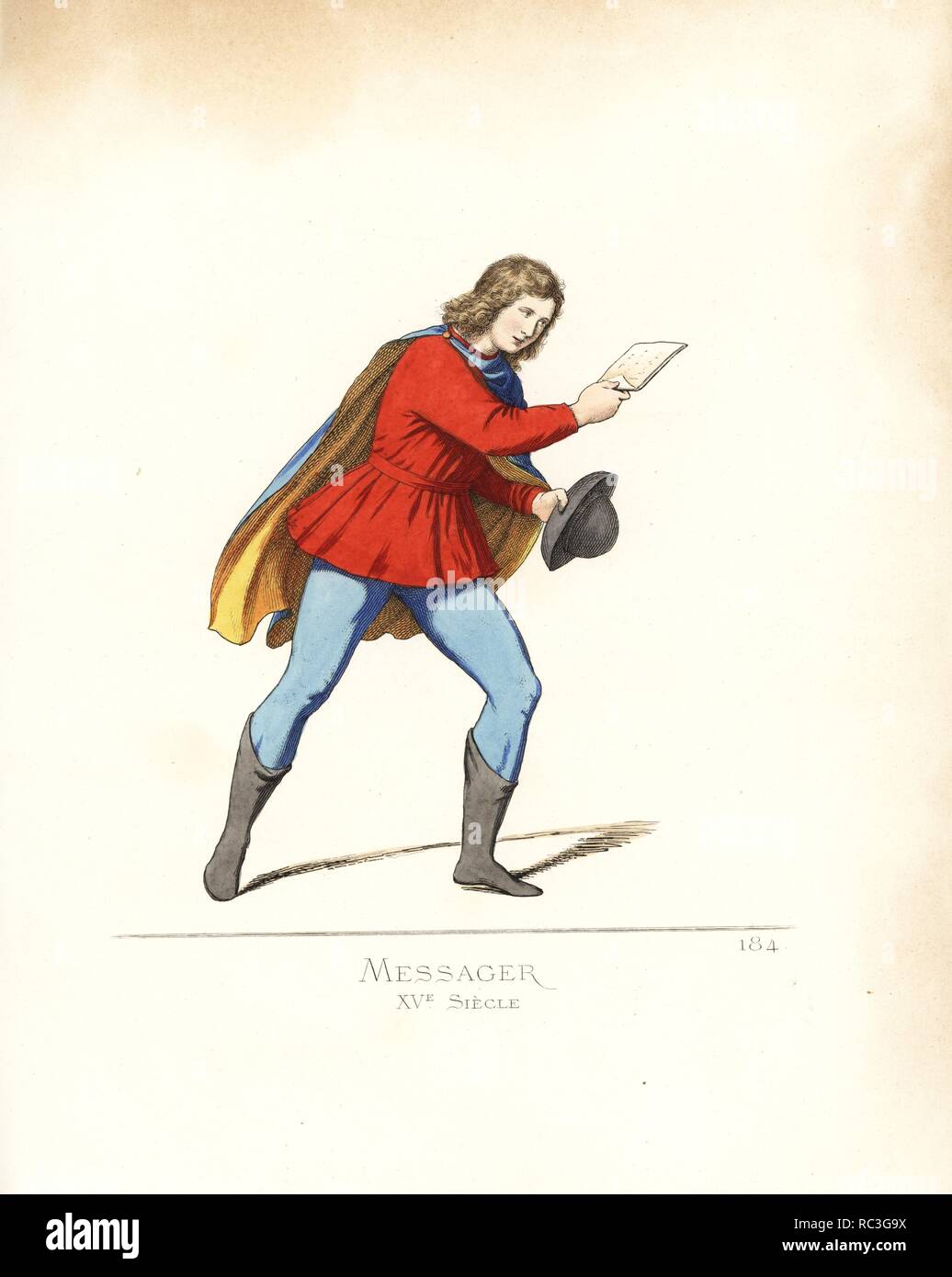 Kostüm einer italienischen Messenger, aus dem 15. Jahrhundert. Er trägt ein blaues chlamys mit gelbem Futter, an der Schulter mit einer goldenen Spange, scarlet Tunika und Gürtel, schwarze Stiefel und Skyblau Hose befestigt. Von einem Miniaturmalerei in des Herzogs von Urbino Bibel in der Vatikanischen Bibliothek. Papierkörbe Abbildung gezeichnet und Lithographiert von Paul Mercuri mit Text von Camille Bonnard von 'Historische Kostüme aus dem 12. bis 15. Jahrhundert, "Abschöpfung Fils, Paris, 1861. Stockfoto