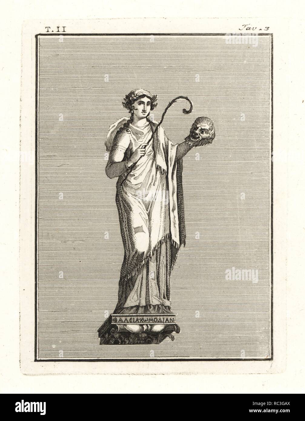 Thalia, römische Muse der Komödie, mit einem komischen Maske und Shepherd's Personal. Kupferstich von Tommaso Piroli von seinem antiken Herculaneum (Antichita di Ercolano), Rom, 1789. Stockfoto