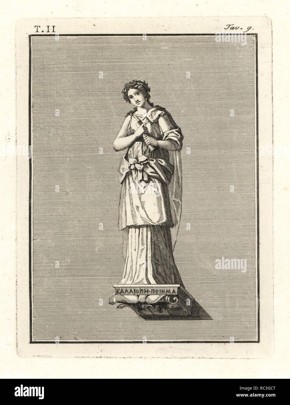 Calliope, Muse der epischen Dichtung, Holding eine Rolle und trägt einen Kranz von Ivy. Kupferstich von Tommaso Piroli von seinem antiken Herculaneum (Antichita di Ercolano), Rom, 1789. Stockfoto