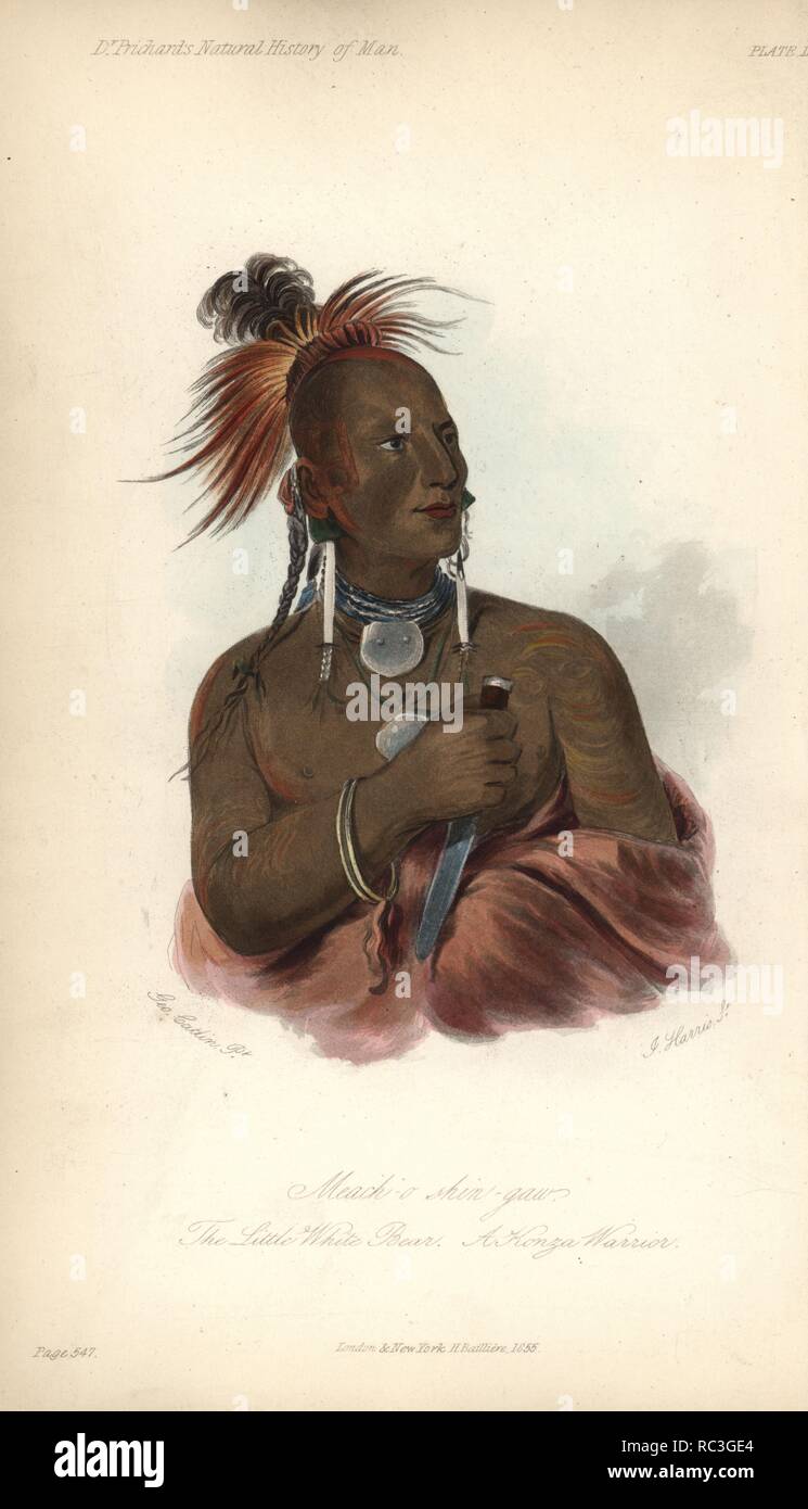 Die kleine weiße Bär, meach-o-shin-Gaw, Konza (Kansas/Kaw) Krieger. Papierkörbe Lithographie von J. Harris nach einem Gemälde von George Catlin aus natürlichen James Cowles Prichard's Geschichte von Mensch, Balliere, London, 1855. Stockfoto