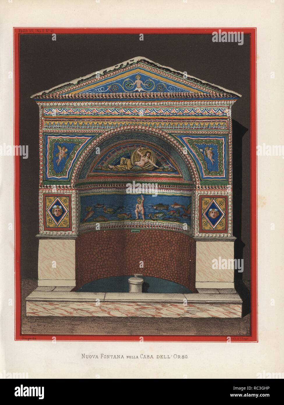 Brunnen von Regio VII.II.45, Haus des Bären, Pompeji. Venus lässt über einem Meer von Fischen, mit amoretten in Anwesenheit. Illustration gezeichnet von Discanno und von Victor Steeger von Emile Presuhn's "Choix Des plus Belles et Interessantes Peintures de Pompei lithographierte", Weigel, Leipzig, 1882. Deutschen archaeologin Presuhn (1844-1881) in Italien für acht Jahre gelebt und, mit Herrn Discanno, exakte Kopien von vielen Wandmalereien, die jetzt verloren sind. Stockfoto