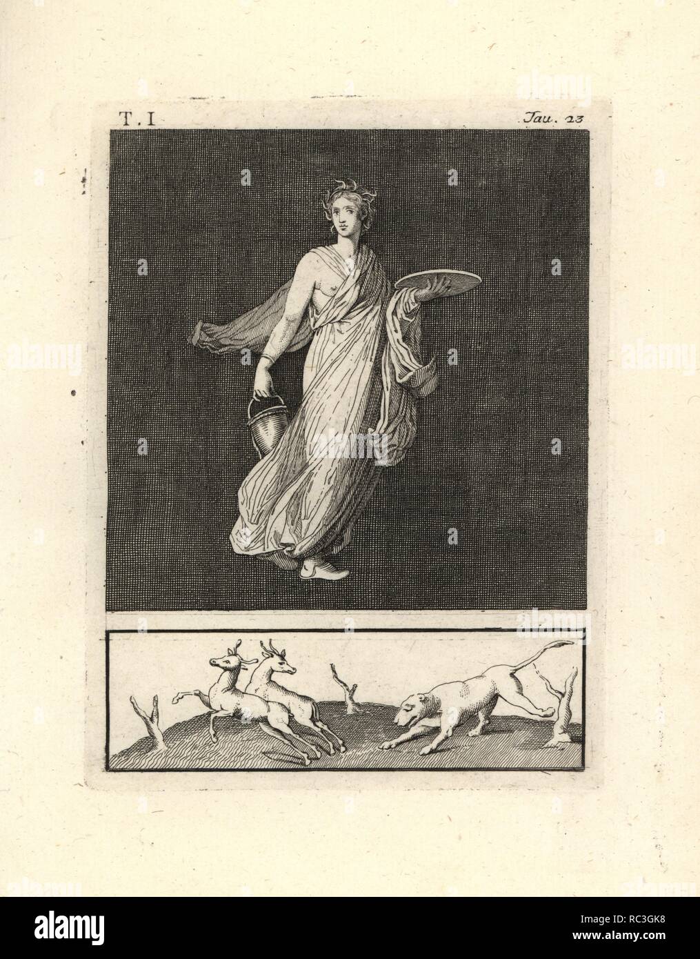 Die Malerei von Wand von einem Raum entfernt, vielleicht ein TRICLINIUM oder im Speisesaal, in einem Haus in Pompeji im Jahre 1749. Es zeigt eine Cernophores Tänzerin mit Korb und Platte, eine Krone von Weizen und eine feine weiße Robe mit Sandalen. Die Cernophores religiöse Tänze in Festivals Vergnügen gewidmet imitiert. Kupferstich von Tommaso Piroli aus seiner eigenen'Antichita di Ercolano" (altertümer von Herculaneum), Rom, 1789 eingraviert. Italienischen Maler und Kupferstecher Piroli (1752-1824) veröffentlicht sechs Bände zwischen 1789 und 1807 dokumentieren die Wandmalereien und Bronzen in Heraculaneum und Pompeji gefunden. Stockfoto