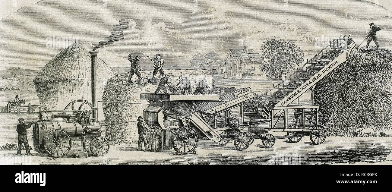 Dreschmaschine mit Dampf. Industrielle Revolution. Gravur. 19. Jh. Stockfoto