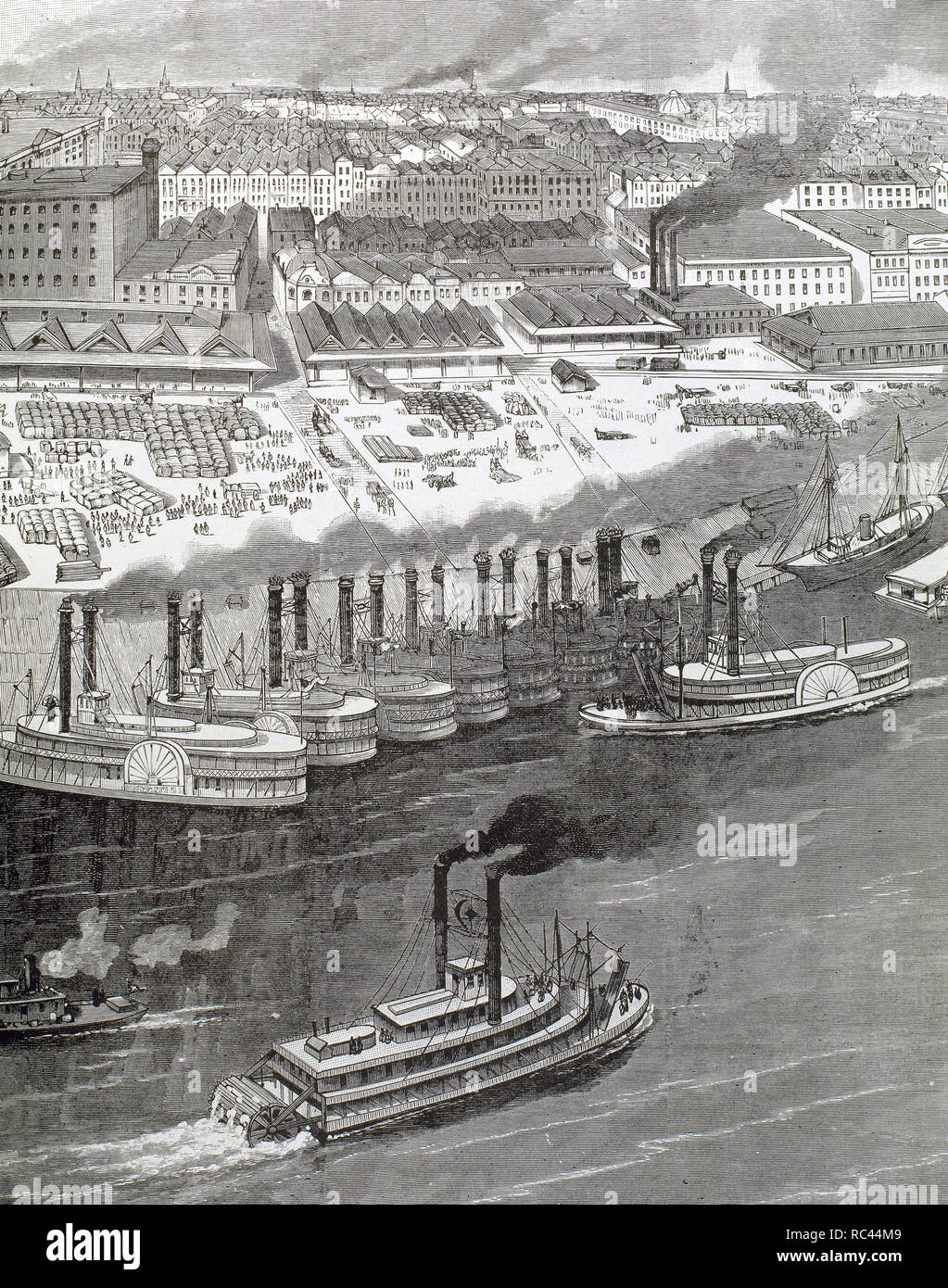 USA. des 19. Jahrhunderts. Dampf-Boote in einem Hafen in Mississippi Fluss. Gravur. Stockfoto