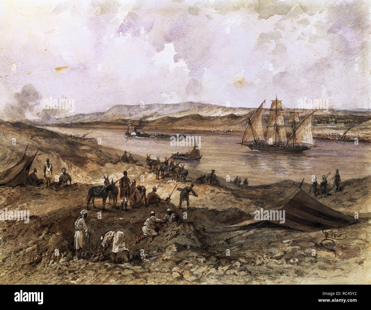 Suez-Kanal. Ägypten. Im November 1869 eröffnet. Aquarell von Riou. Compiègne Burg. Frankreich. Stockfoto