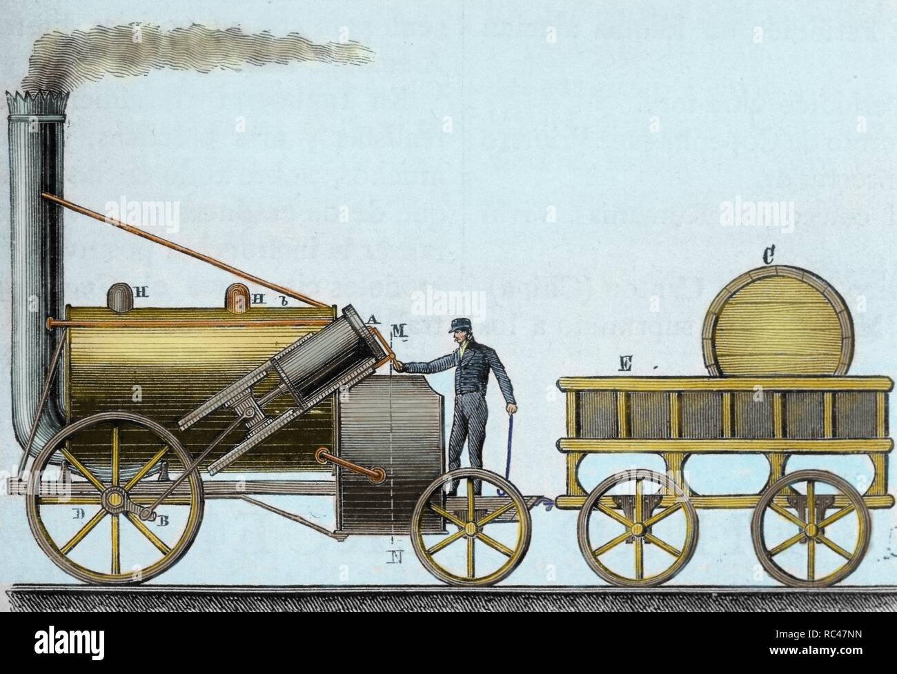 Die Rakete. Lok, die von britischer Ingenieur und Erfinder George Stephenson (1781-1848). Es war die Erste, die unterwegs war, mit der Fluggäste zwischen Liverpool und Manchester (1830), bei einer durchschnittlichen Geschwindigkeit von 30 km/h. 19.-Jahrhundert Gravur. Gefärbt. Stockfoto