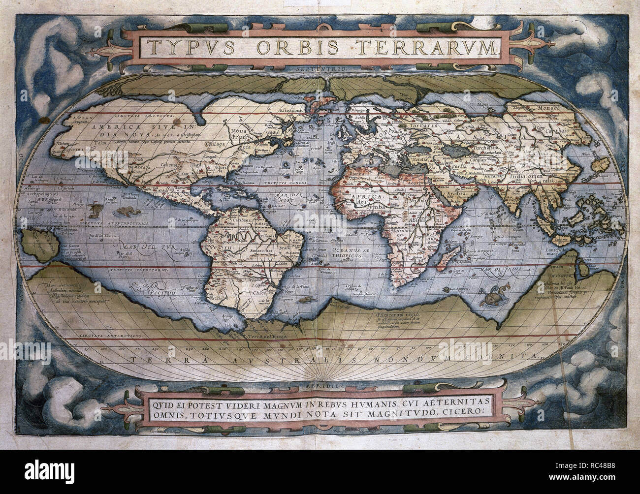 Theatrum Orbis Terrarum (Theater der Welt). Gilt als die erste moderne Atlas zu sein. Von Abraham Ortelius geschrieben und ursprünglich am 20. Mai, 1570 gedruckt, in Antwerpen. Weltkarte. Stockfoto
