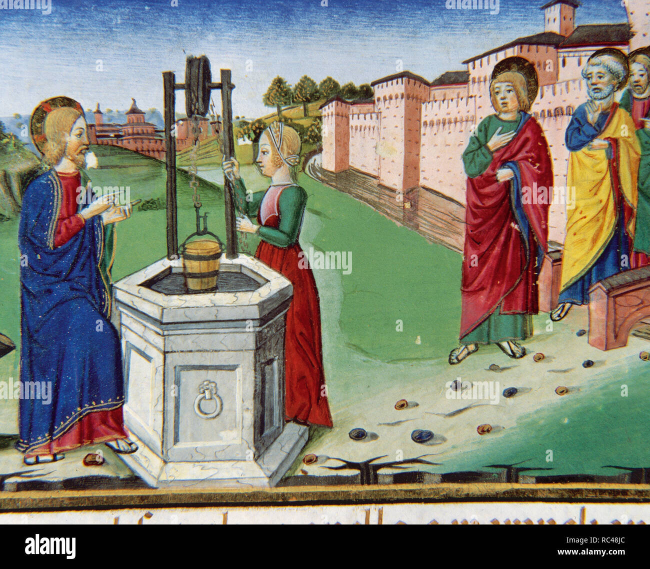 Jesus fragt eine Samariterin von Sychar für Wasser von Jacob's Gut. Codex von Predis (1476). Königliche Bibliothek. Turin. Italien. Stockfoto