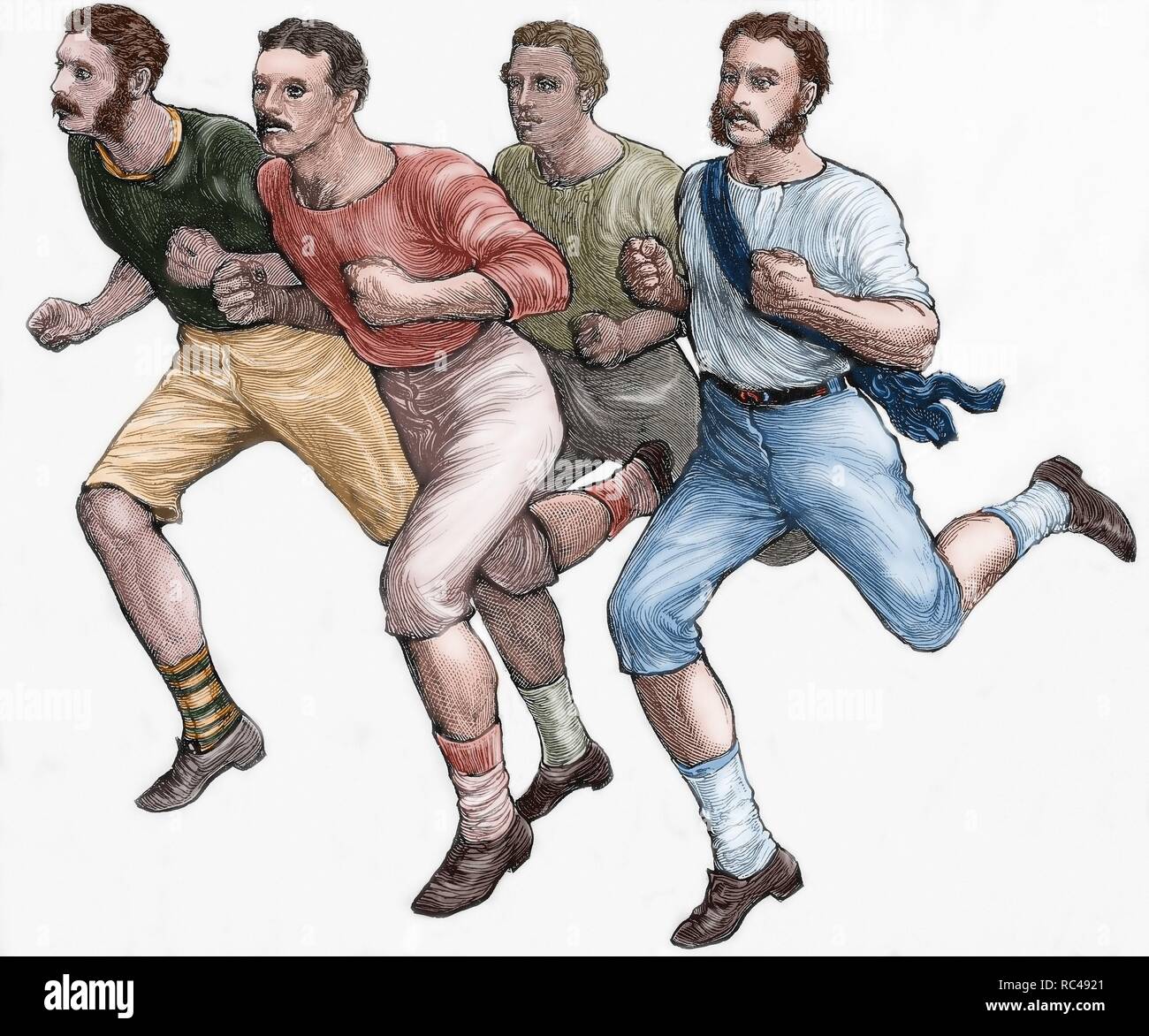 Leichtathletik. Rennen. Anfang des 20. Jahrhunderts. Farbige Gravur. Stockfoto