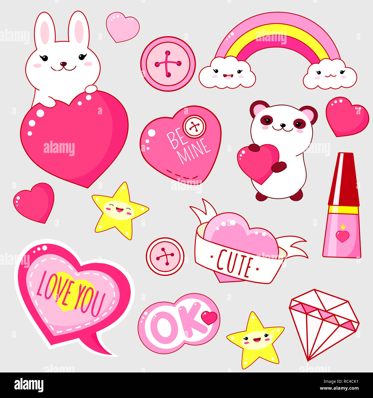Satz Von Valentine S Day Party Cute Icons In Kawaii Stil Bunny Und Panda Mit Herz Geschenk Diamant Regenbogen Aufkleber Mit Beschriftung Ich Liebe Dich Susse Stockfotografie Alamy