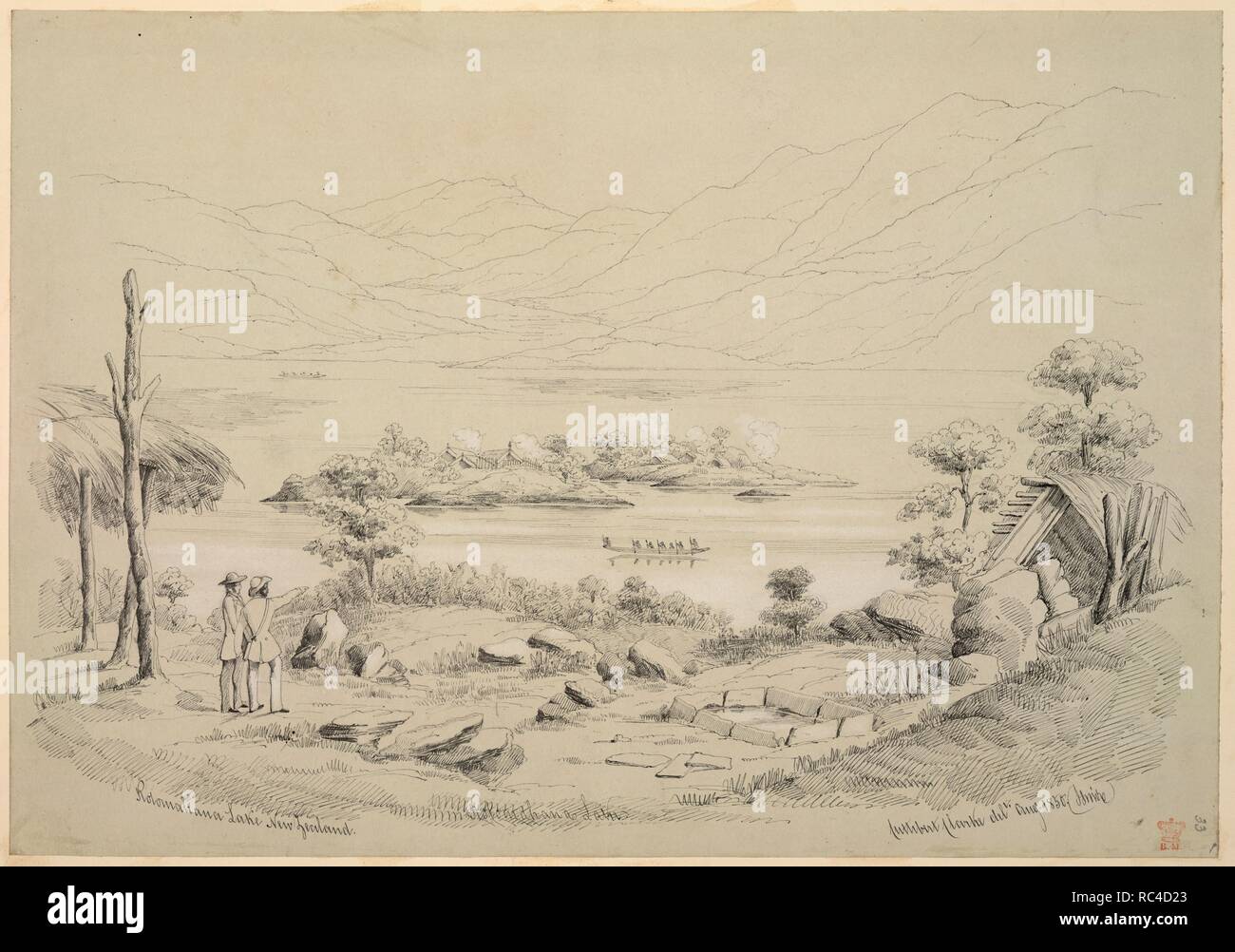 Blick auf den See Rotomahana. Zeichnungen und Skizzen in Neuseeland. Neuseeland; 1850. [Zeichnung Nr. 33] Blick auf den See Rotomahana, mit zwei planzahlen mit Blick über den See auf die native Kanu und die Maori Siedlung. August 1850 Bild von Zeichnungen und Skizzen in Neuseeland übernommen. Ursprünglich veröffentlicht in Neuseeland produziert; 1850. . Quelle: Hinzufügen. 19954, f 30. Sprache: Englisch. Autor: Clarke, Cuthbert C. Stockfoto