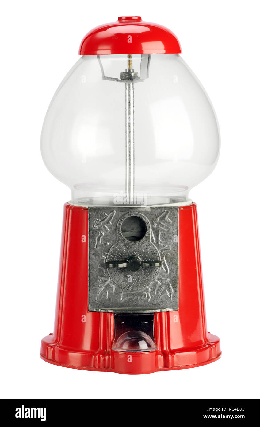 Leere vintage Bubble gum Distributor oder gumball Machine, von roter Farbe. In enger gesehen und auf weißem Hintergrund Stockfoto