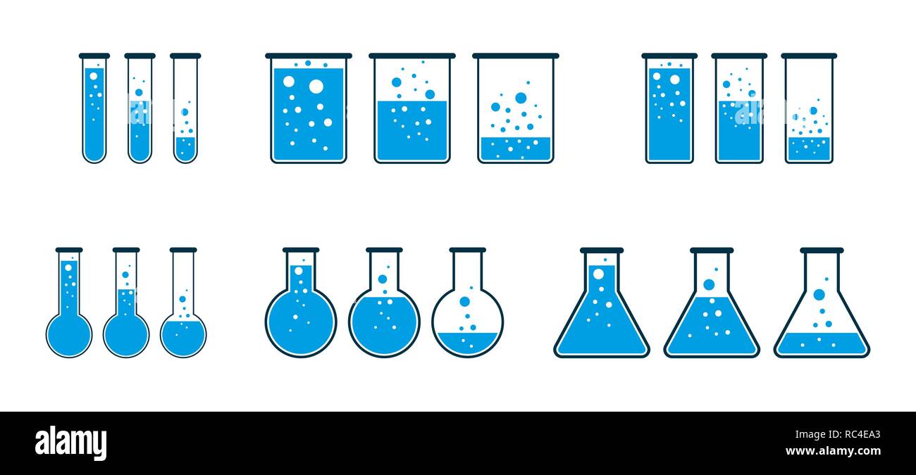 Satz von Reagenzglas Symbole im flachen Design. Vector Illustration. Blau chemischen Labor Flaschen. Stock Vektor